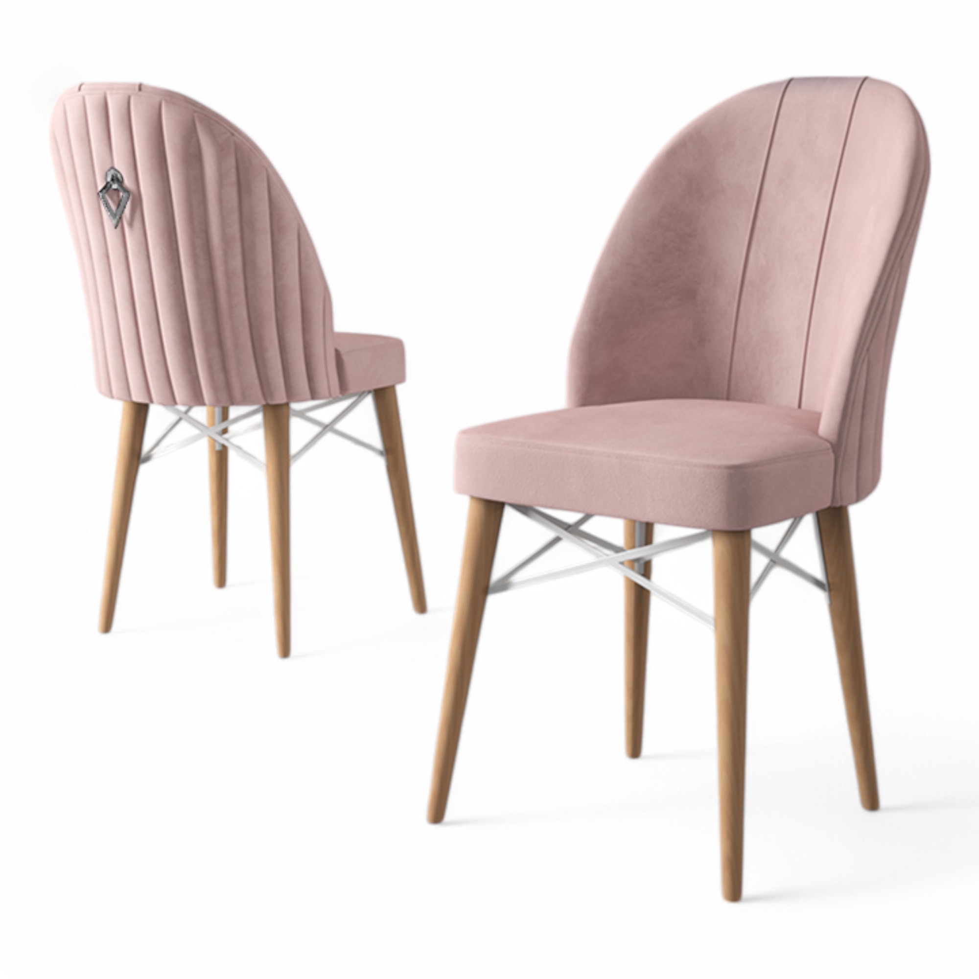 Pembe Renk Sandalye / Doğal Ahşap Ayak