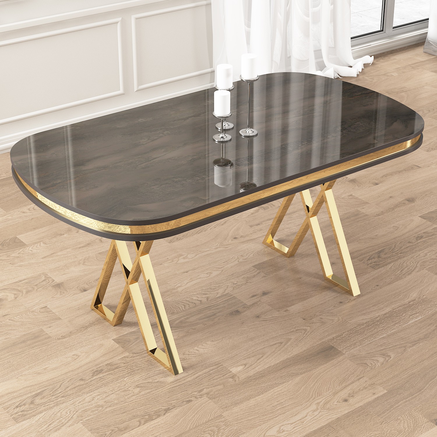Zae Serisi 90x168 Lak Panel Antrasit Ironi Gold Ayak Masa Takımı 4 Sandalye