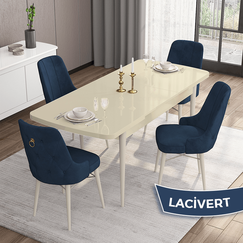 Are Serisi 80x132 Mdf Açılabilir Gold Halka Krem Masa Takımı Ve 4 Sandalye