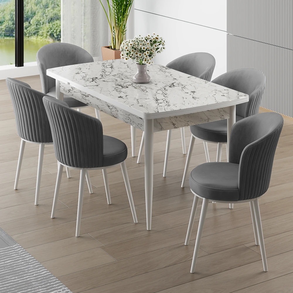 Beyaz Mermer Masa Gri Sandalye