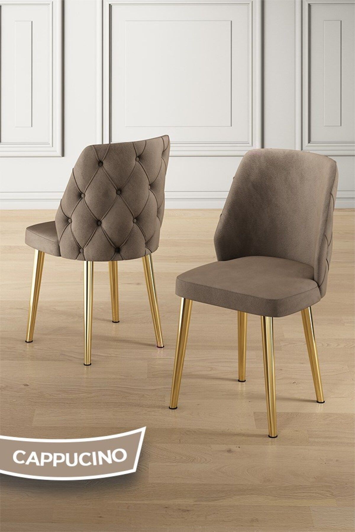 Afe Serisi 90x168 Lak Panel Beyaz Mermer Desen Masa ve 6 Sandalye Gold Kaplama Ayak