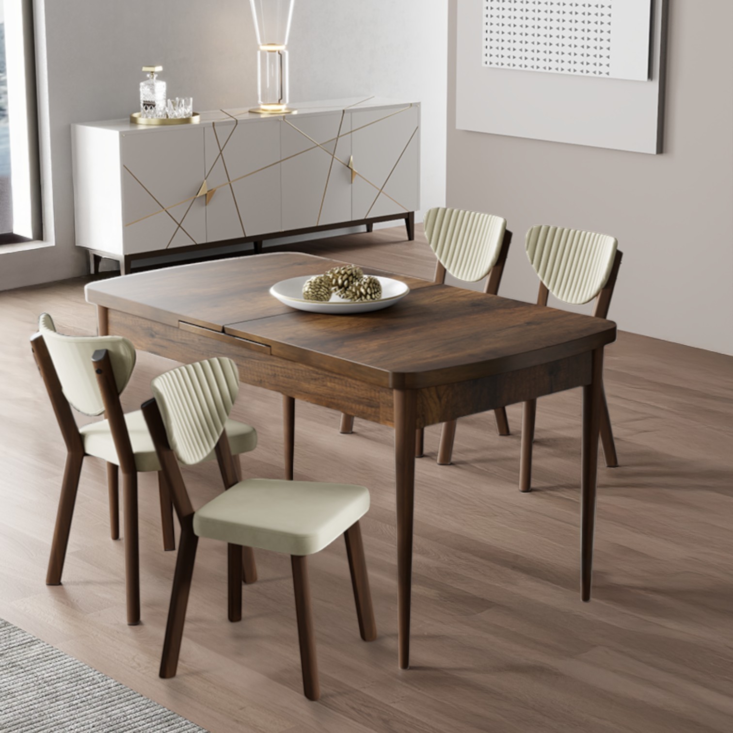 Exve Serisi 80x132 Açılabilir Barok Ahşap Desen Masa Takımı ve 4 Sandalye