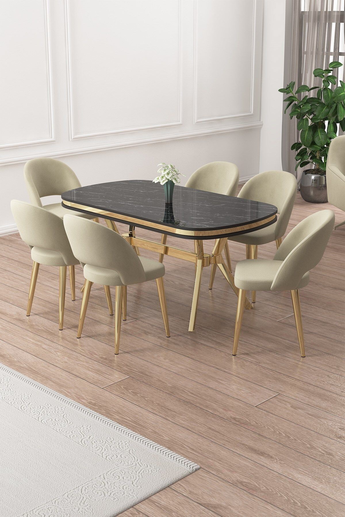 Jita Serisi 90x168 Lak Panel Sonata Masa ve 6 Sandalye Gold Kaplama Ayak