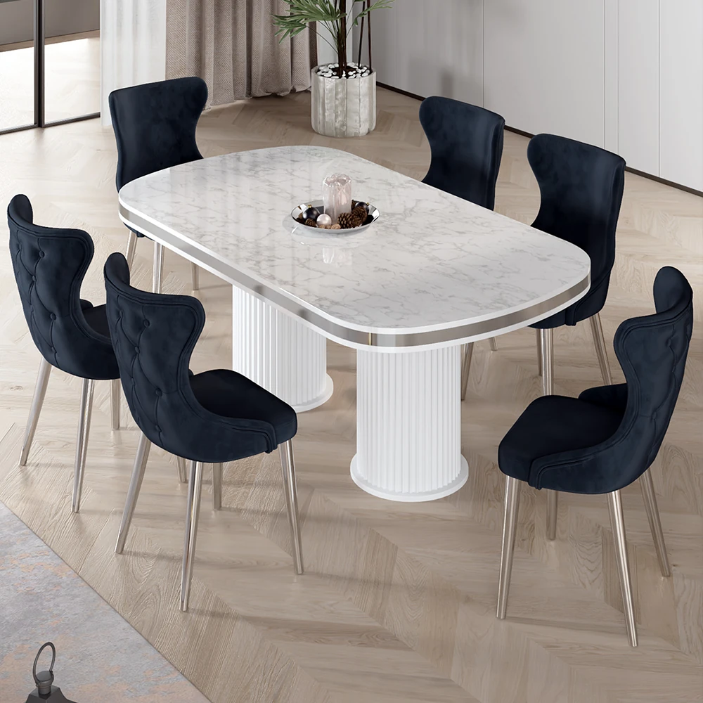 Beyaz Mermer Desen Masa Antrasit Sandalye