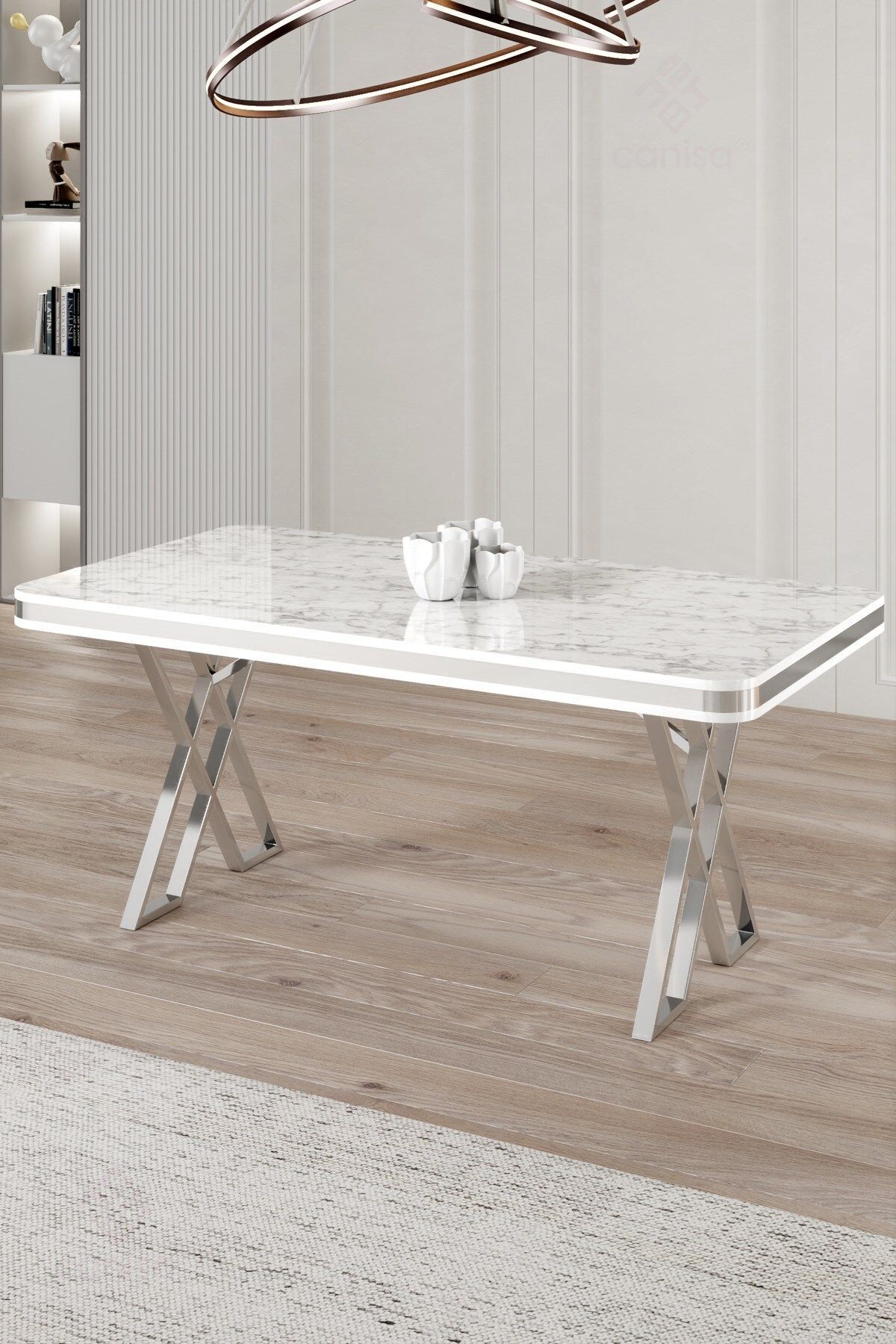 Vals Serisi 80x130 Lak Panel Beyaz Mermer Desen Masa ve 4 Sandalye Krom Kaplama Ayak
