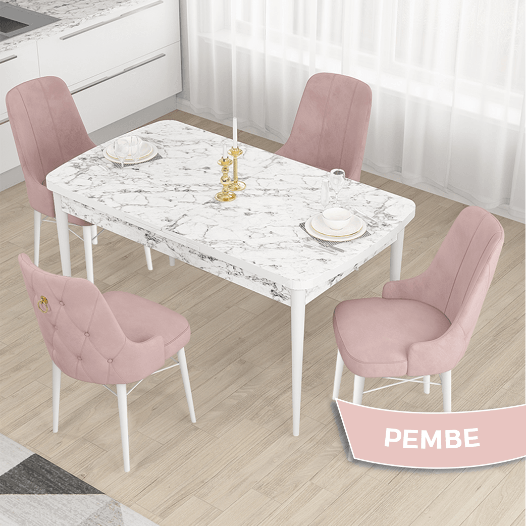 Pembe Sandalye beyaz Mermer Desen Masaa