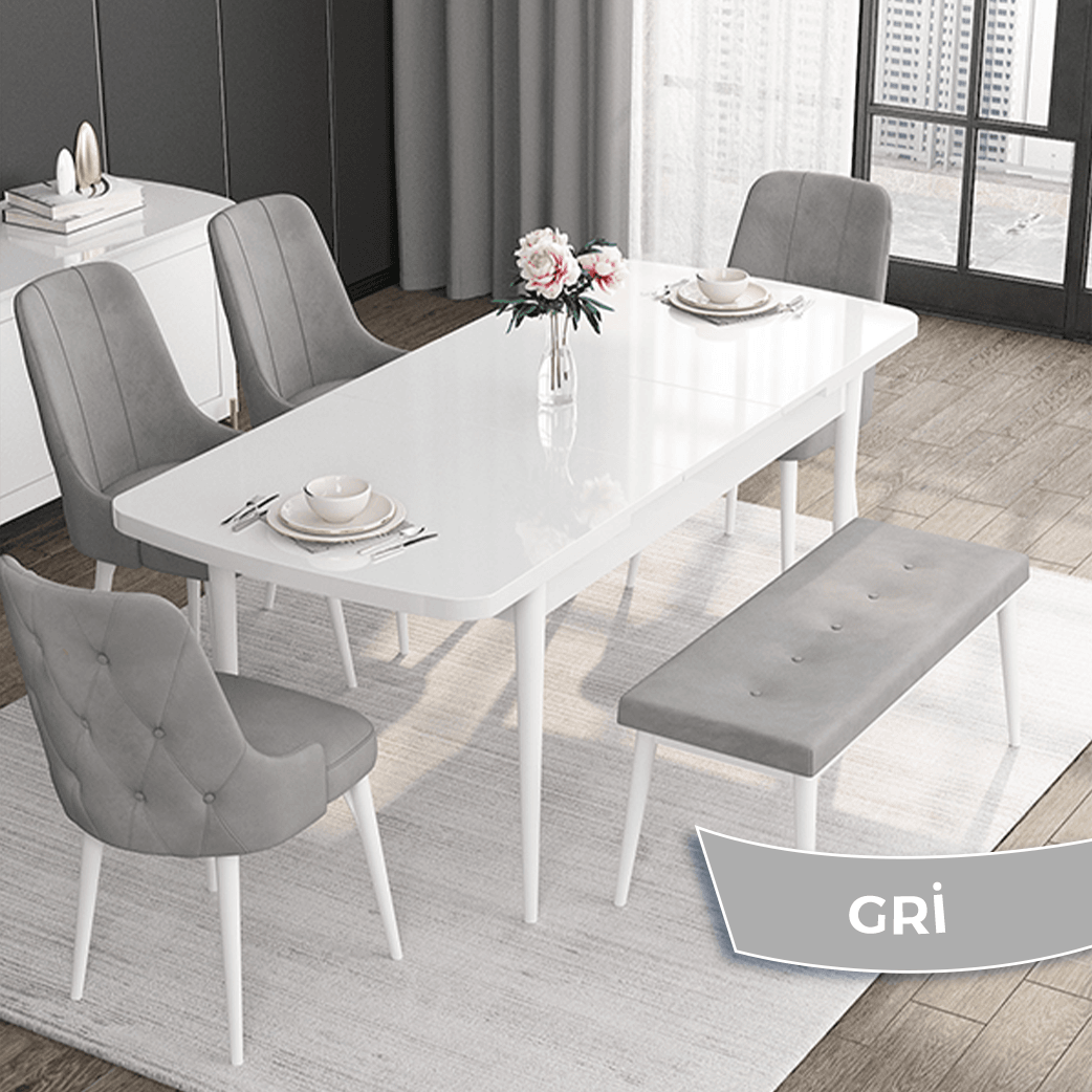 Roy Serisi 80x132 Mdf Açılabilir Beyaz Masa Takımı 4 Sandalye Ve 1 Bench