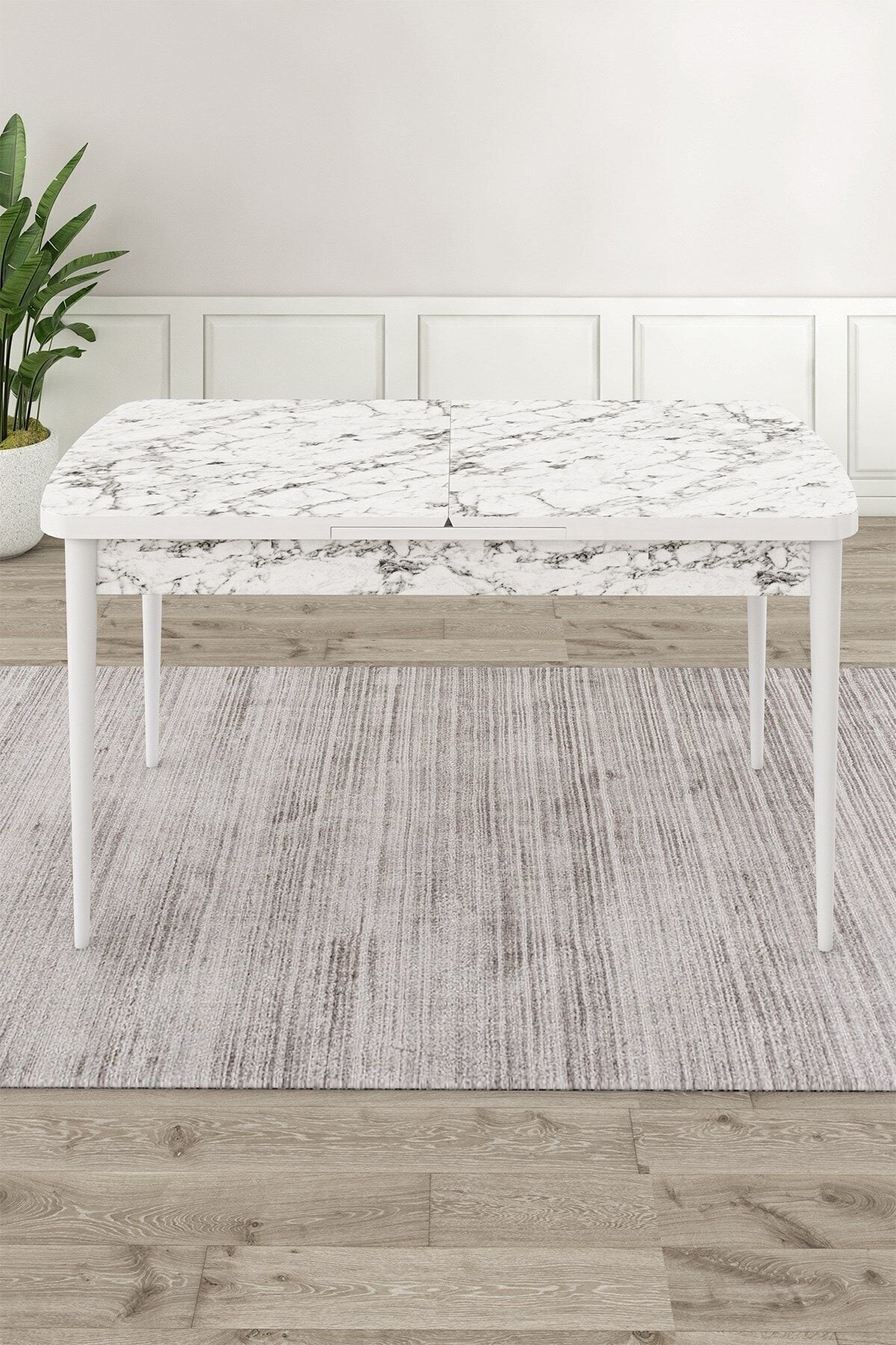 Rut Serisi 80x132 Açılabilir Beyaz Mermer Desen Masa Takımı 4 Sandalye Ve 1 Bench