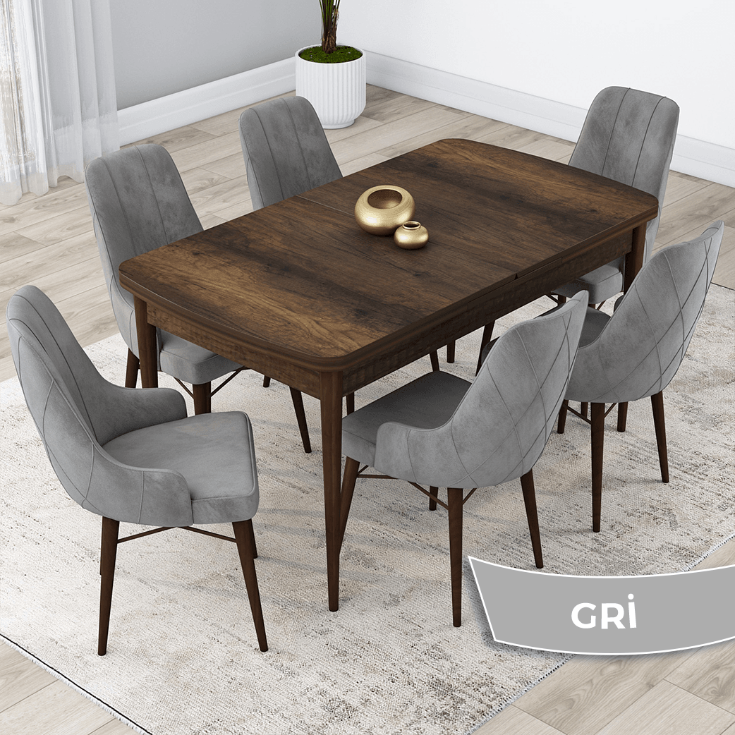 Lia Serisi 80x132 Açılabilir Barok Ahşap Desen Masa Takımı ve 6 Sandalye