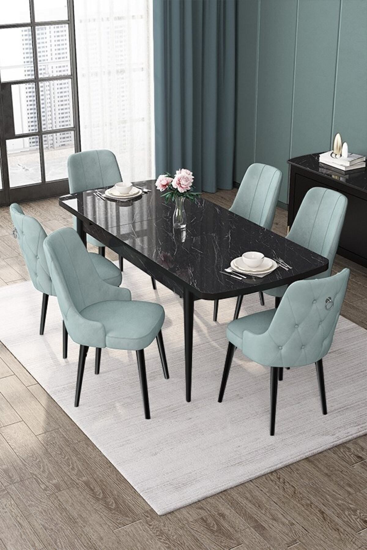 Nex Serisi 80x132 Mdf Açılabilir Gümüş Halka Siyah Mermer Desen Masa Takımı Ve 6 Sandalye