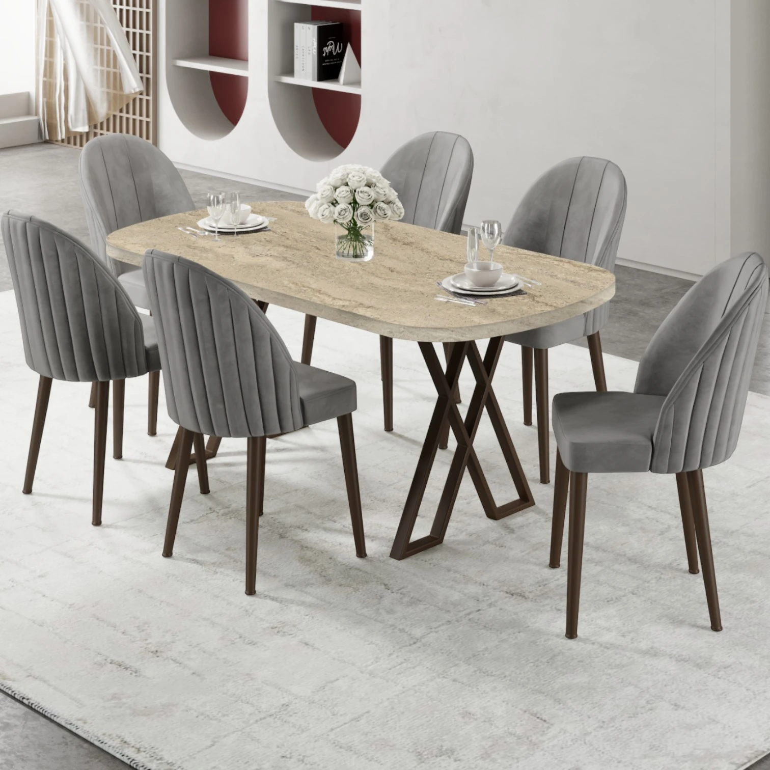 Kaye Serisi Mdf 90x168 Traverten Mutfak Masası Takımı 6 Sandalye