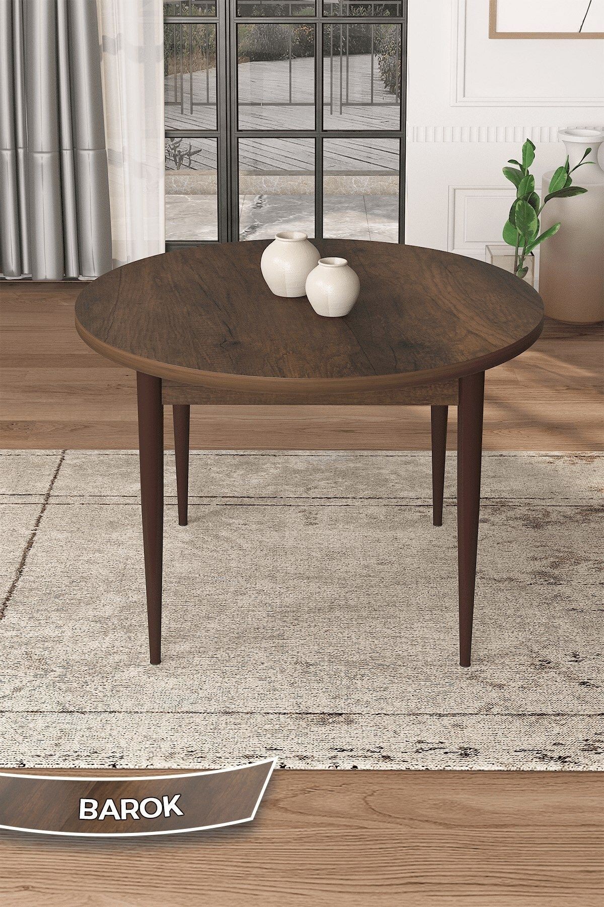 Barok Ahşap Desen 90 x 90 Sabit Yuvarlak Yemek Masası Metal Ayak