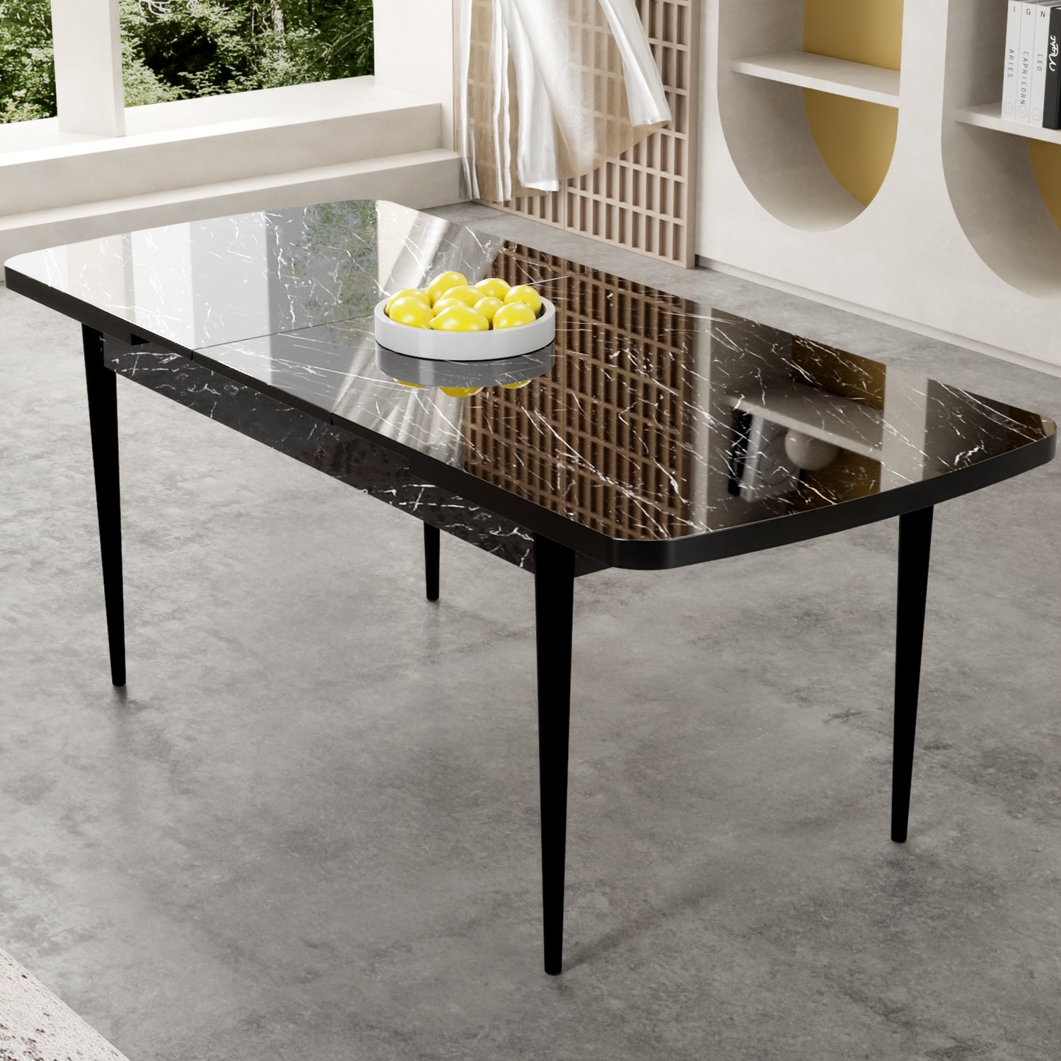 Gale Serisi 80x132 Açılabilir Lak Panel Siyah Mermer Desen Mutfak Masa Takımı 4 Sandalye