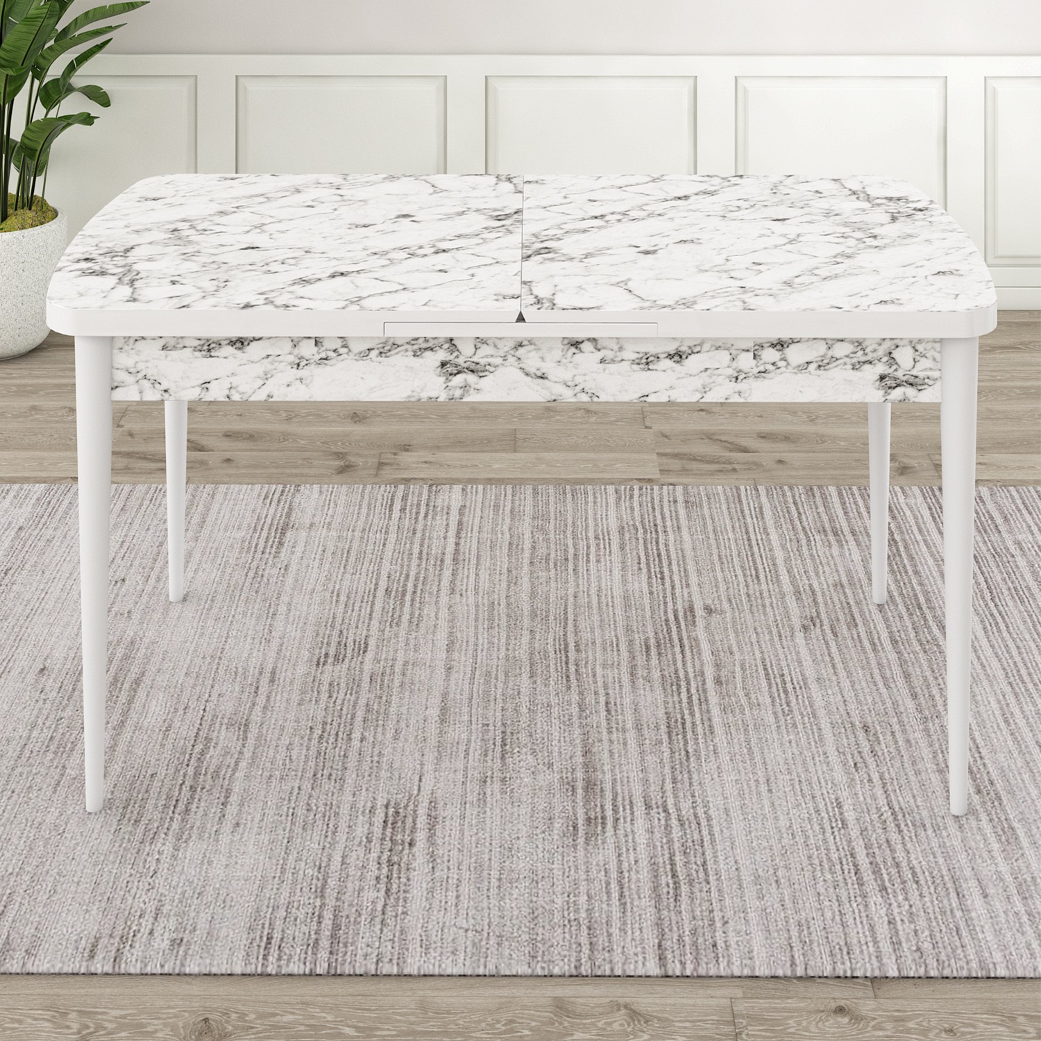 Oga Serisi 80x132 Açılabilir Beyaz Mermer Desen Masa Takımı Ve 6 Sandalye