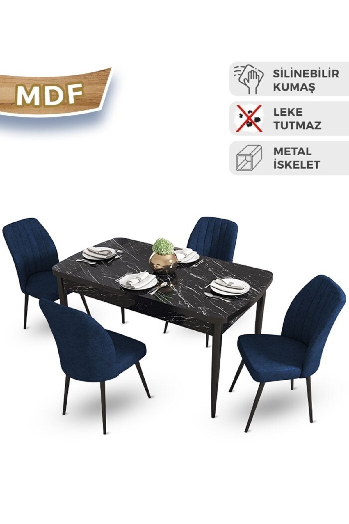 Mun Serisi 80x132 Açılabilir Mdf Siyah Mermer Desen Masa Takımı Ve 4 Sandalye