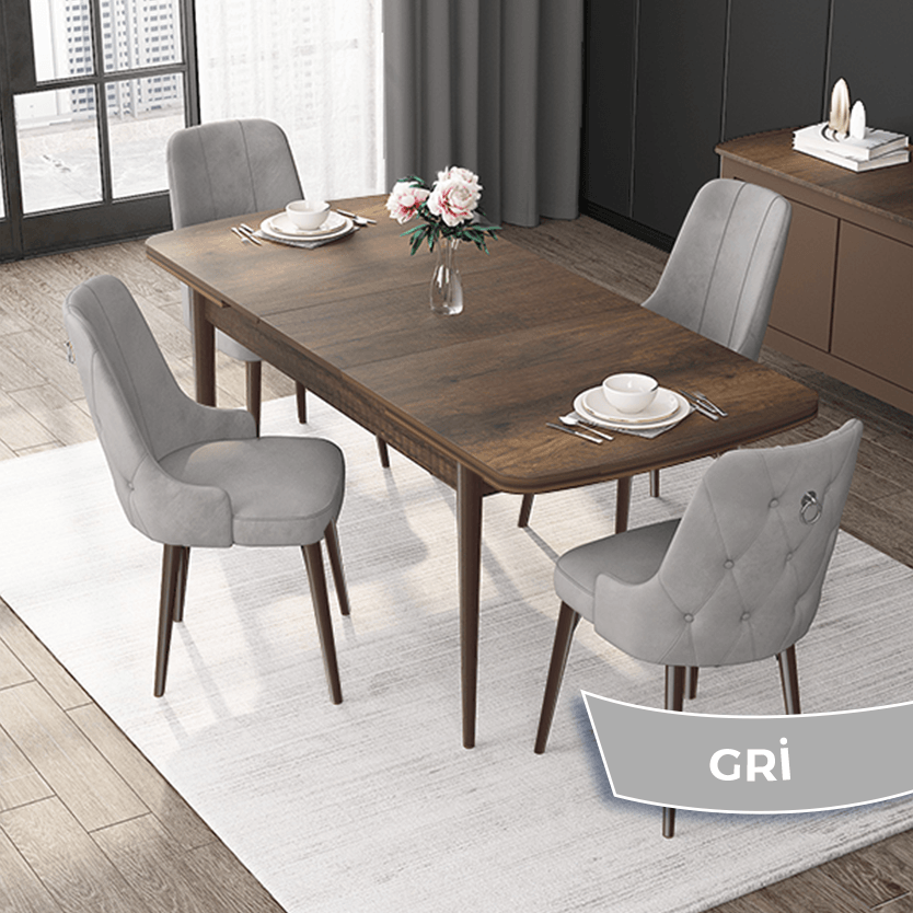 Nex Serisi 80x132 Mdf Açılabilir Gümüş Halka Barok Ahşap Desen Masa Takımı Ve 4 Sandalye