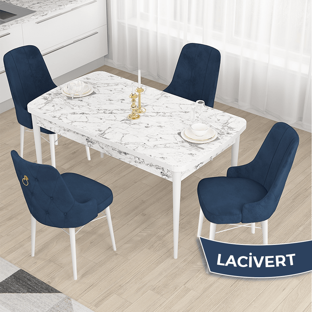Lacivert Sandalye Beyaz Mermer Desen Masa