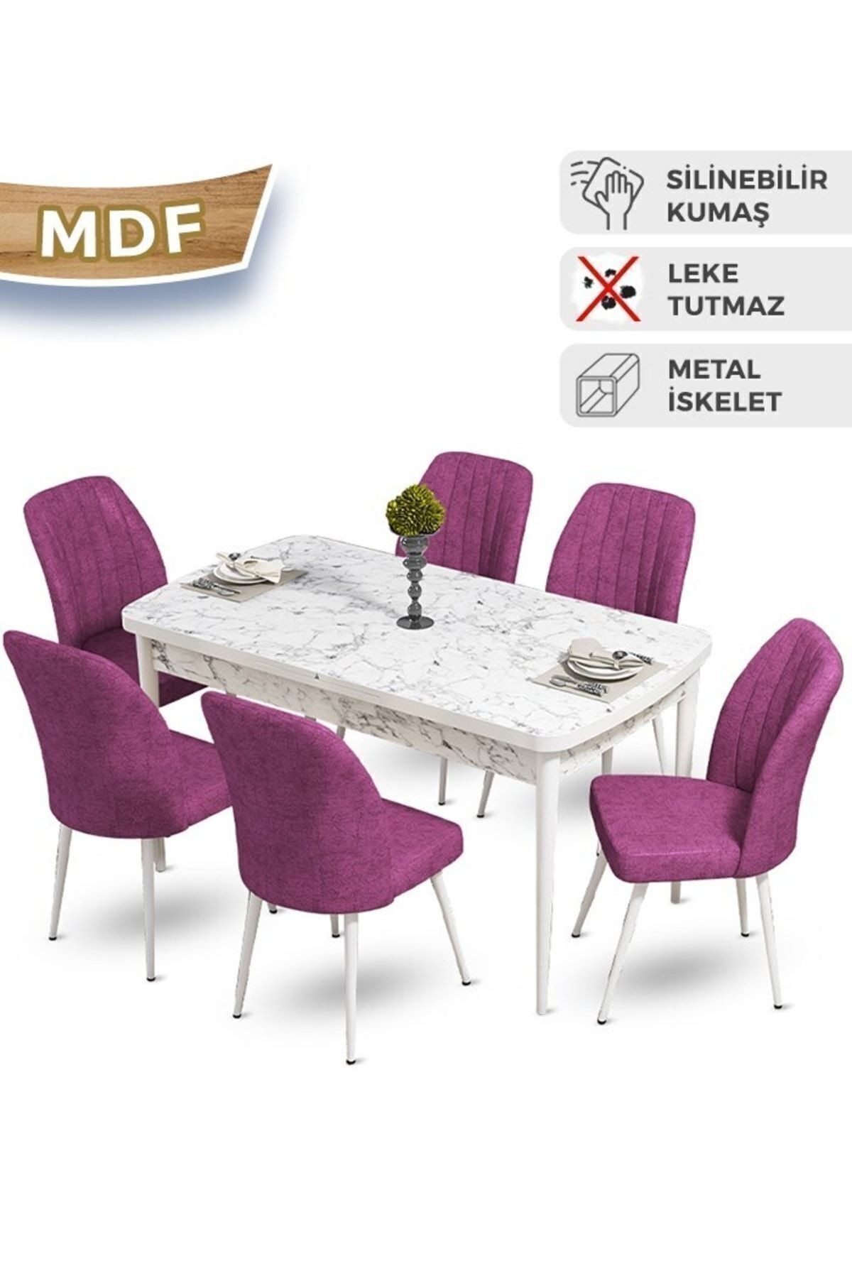 masa beyaz mermer desen sandalye mor