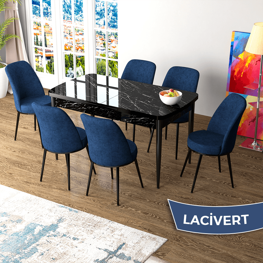 Zen Serisi 80x132 Mdf Açılabilir Siyah Mermer Desen Masa Takımı Ve 6 Sandalye