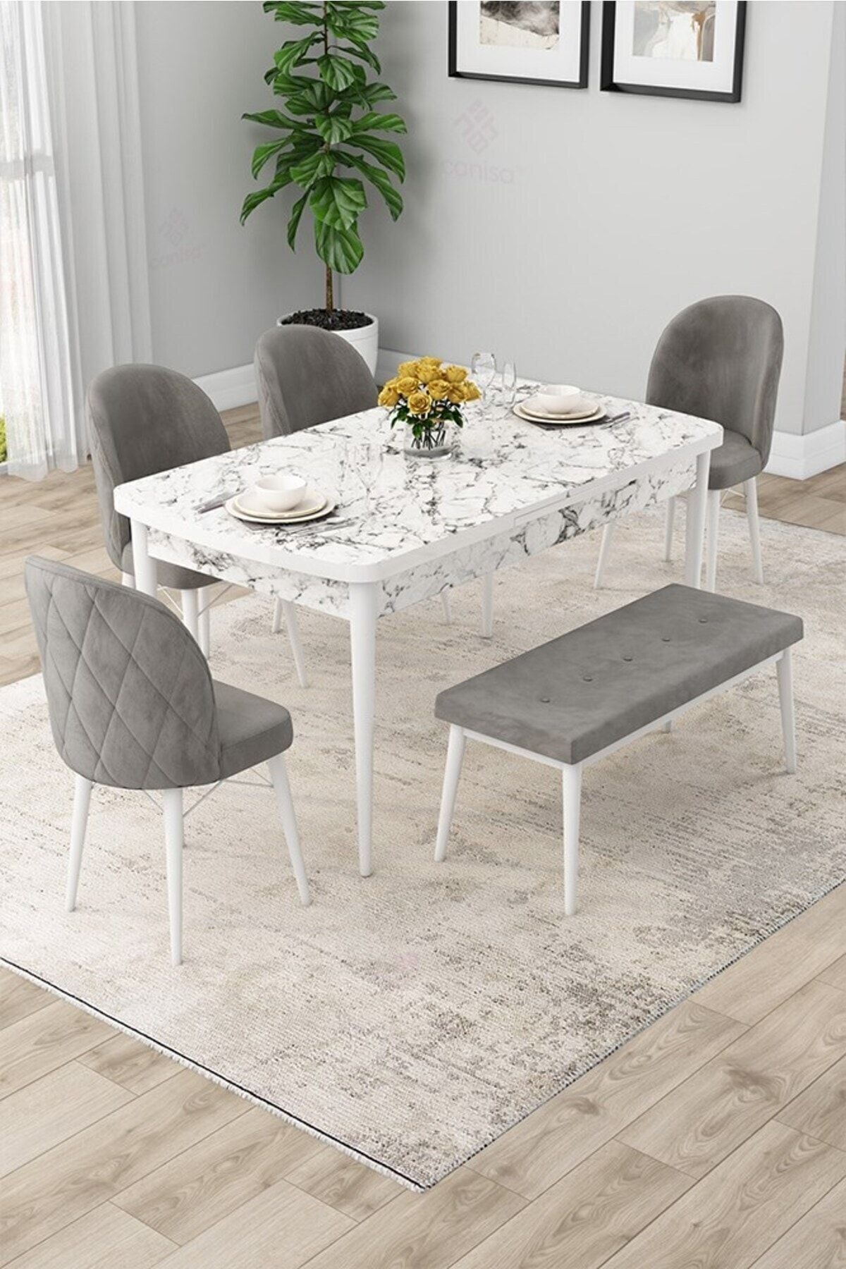 Rut Serisi 80x132 Açılabilir Beyaz Mermer Desen Masa Takımı 4 Sandalye Ve 1 Bench