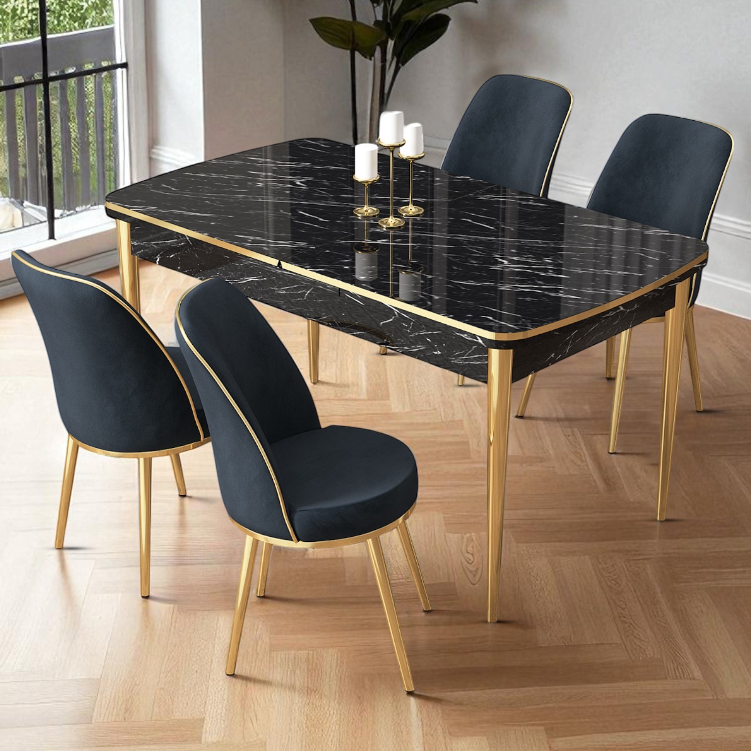 Siyah Mermer Desen Masa Antrasit Sandalye Gold Detay