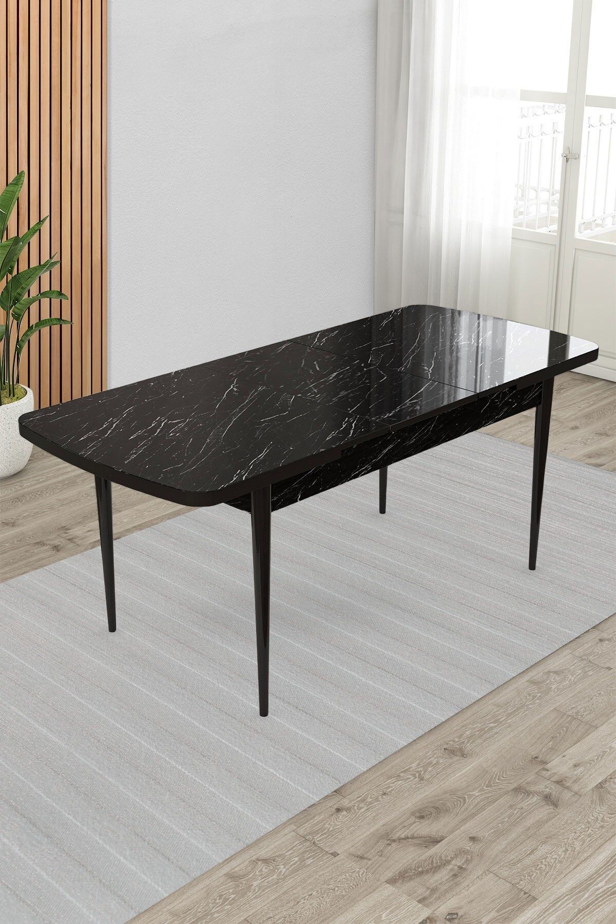 Siyah Mermer Desen 80x132 Açılabilir Yemek Masası Ahşap Ayak