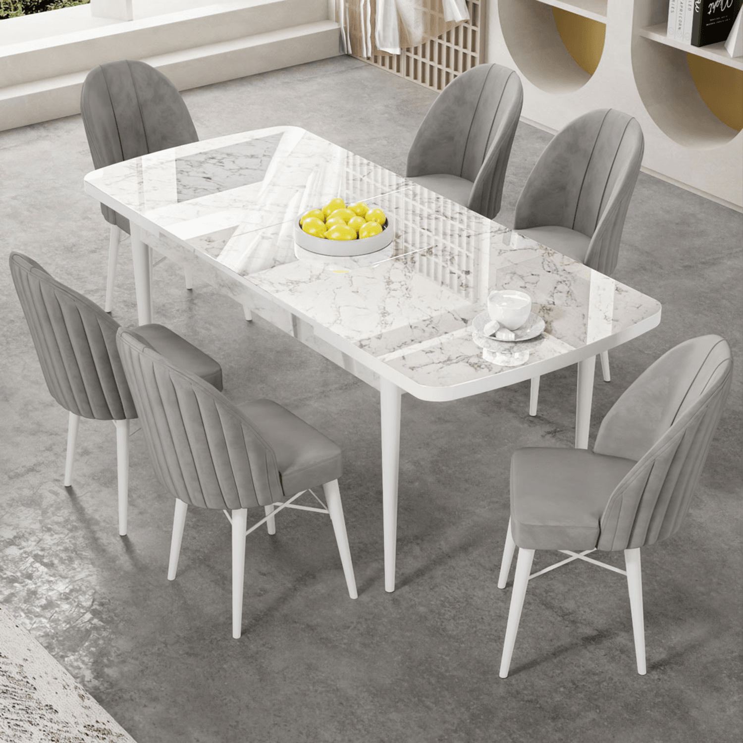 Gale Serisi 80x132 Açılabilir Lak Panel Beyaz Mermer Desen Mutfak Masa Takımı 6 Sandalye