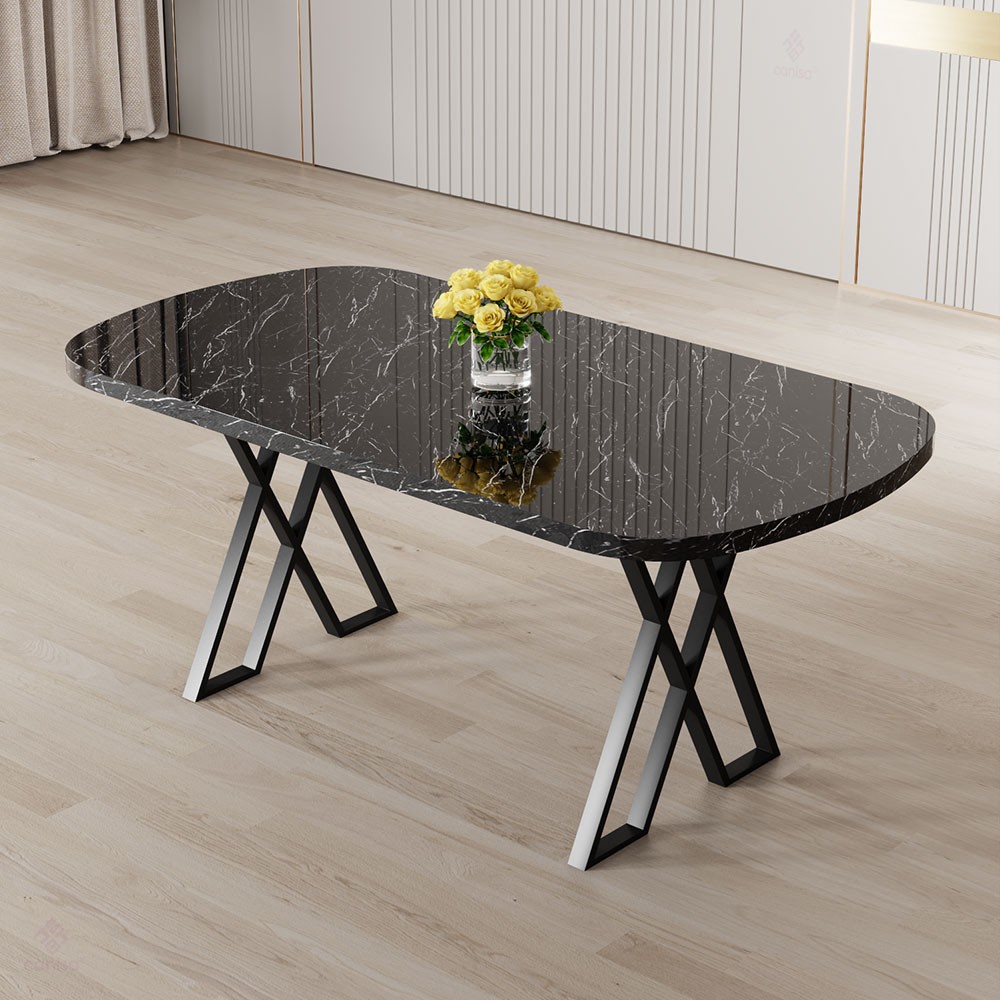 Jolin Serisi Mdf 90x168 Siyah Mermer Desen Masa Takımı 4 Metal Sandalye