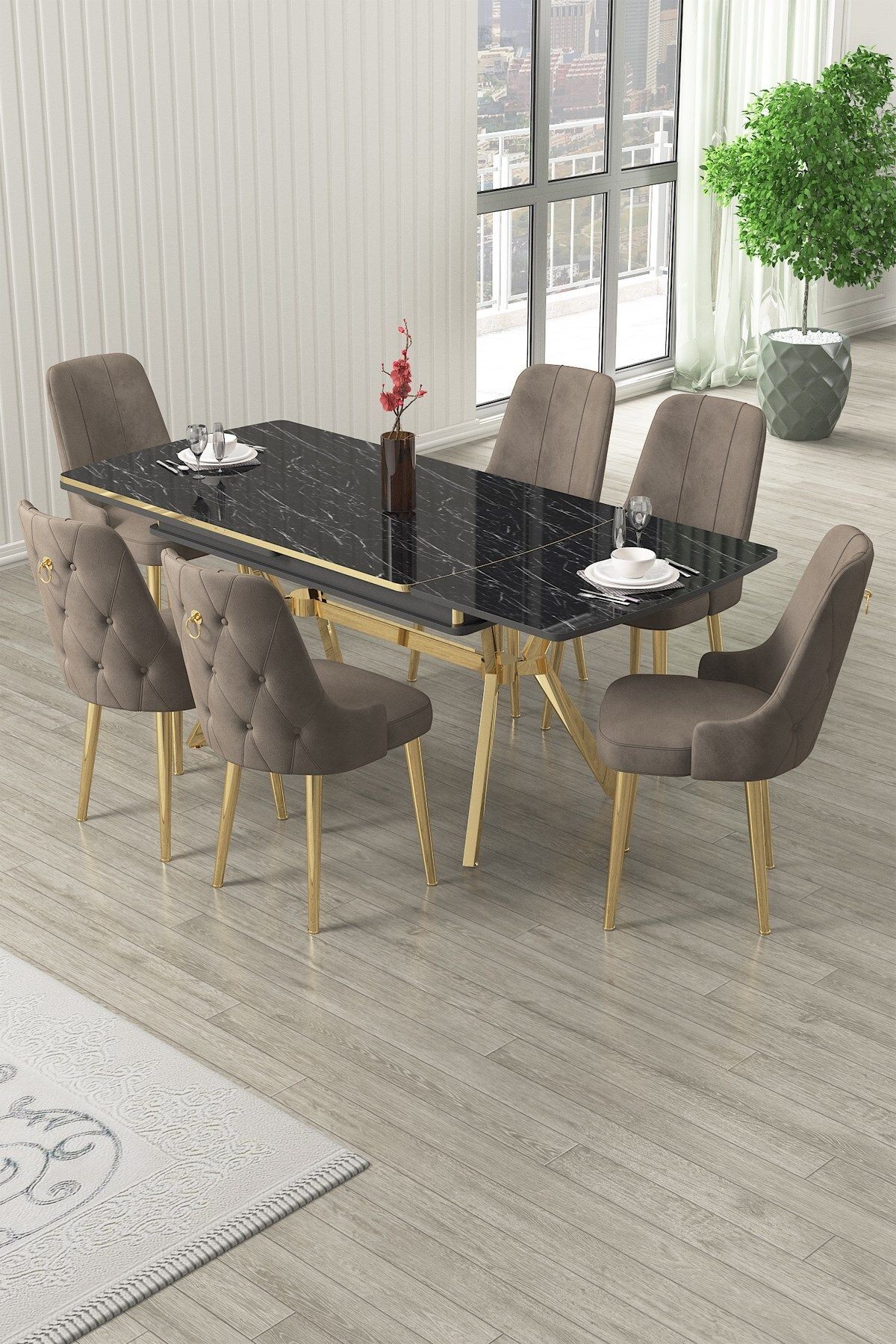 Nis Serisi 89x150 Açılabilir Lak Panel Rampla Gri Masa ve 6 Sandalye Gold Kaplama Ayak