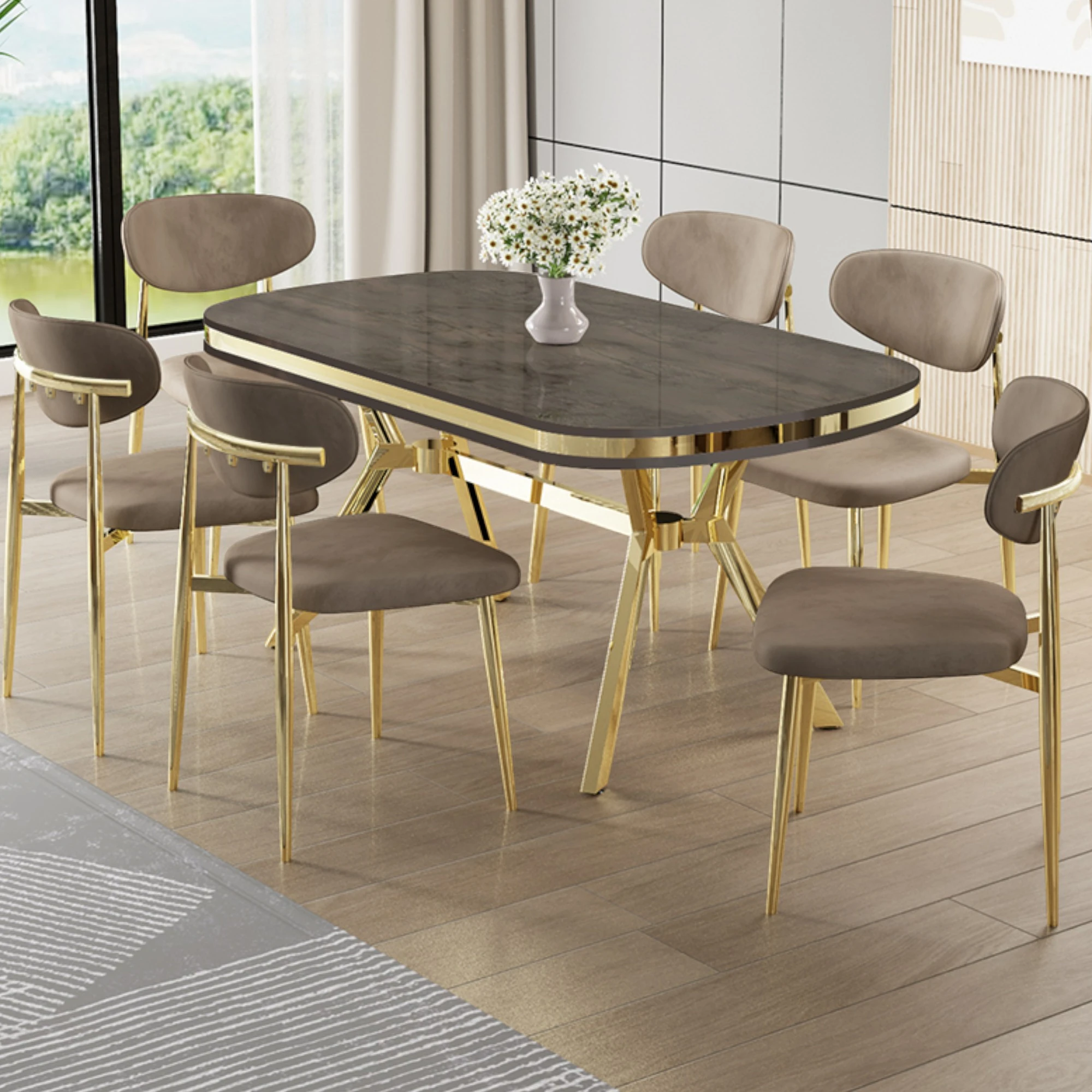 Antrasit İroni Masa Cappucino Sandalye Gold Ayak