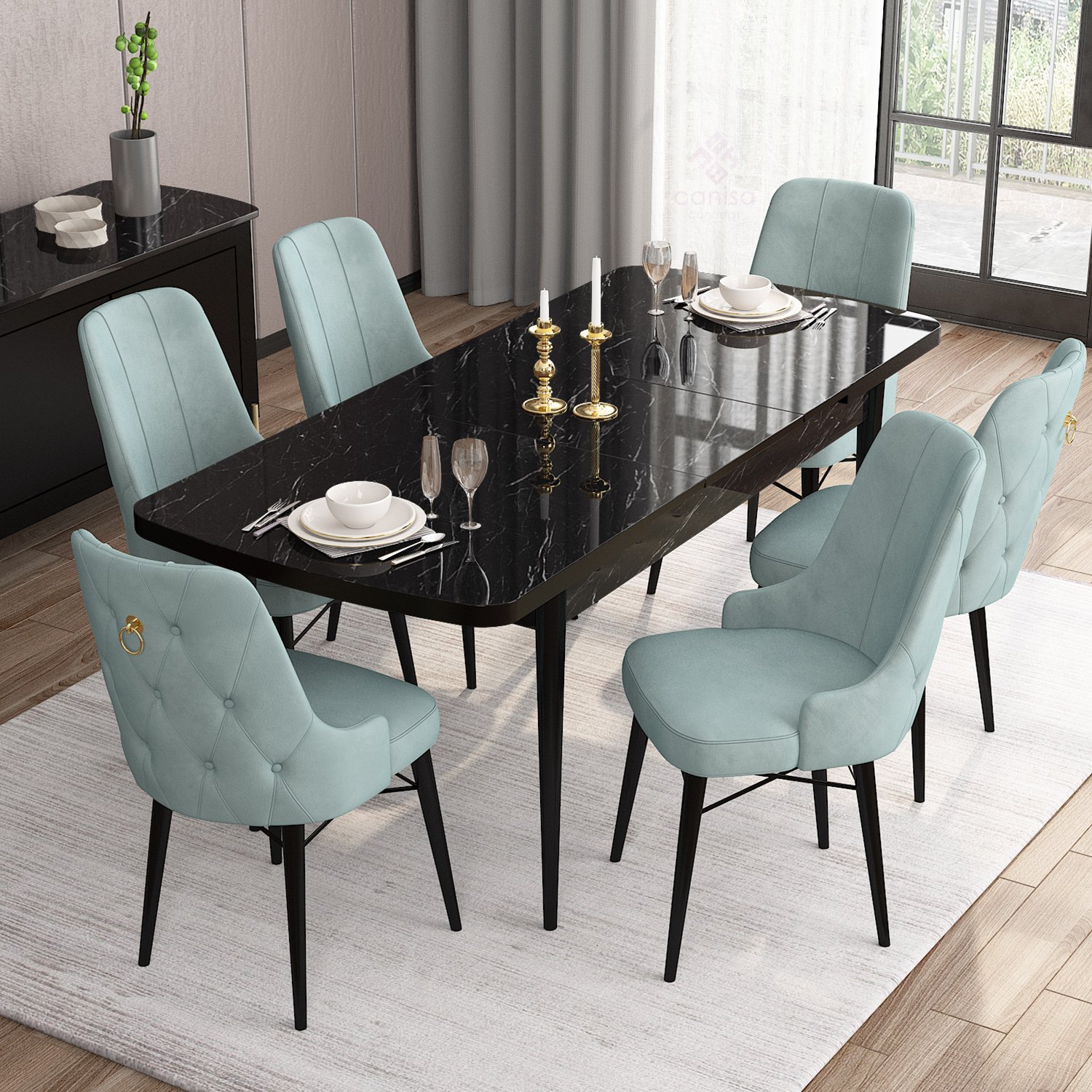 Are Serisi 80x132 Mdf Açılabilir Gold Halka Siyah Mermer Desen Masa Takımı Ve 6 Sandalye