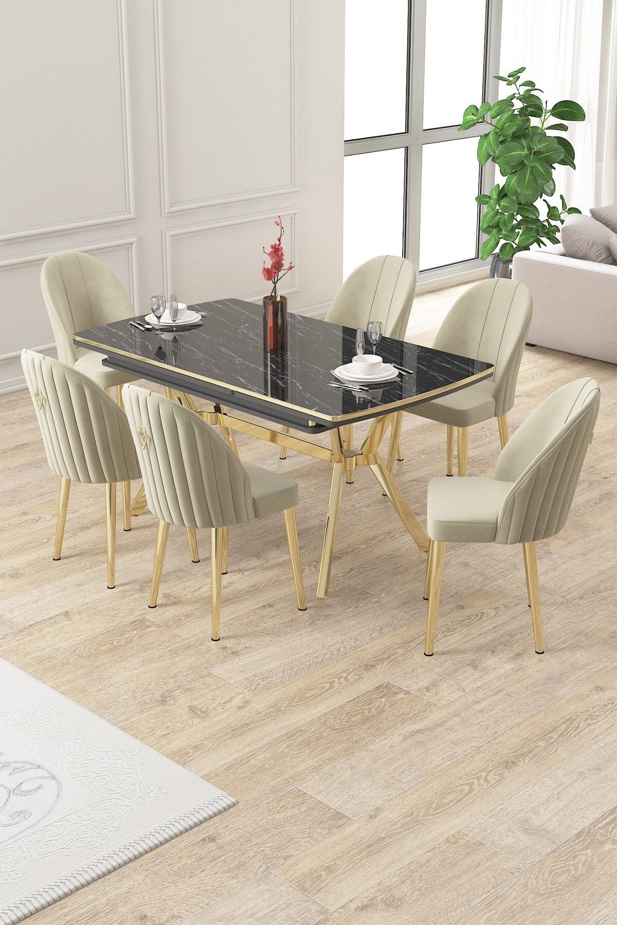 Sim Serisi 89x150 Açılabilir Lak Panel Sonata Masa ve 6 Sandalye Gold Kaplama Ayak