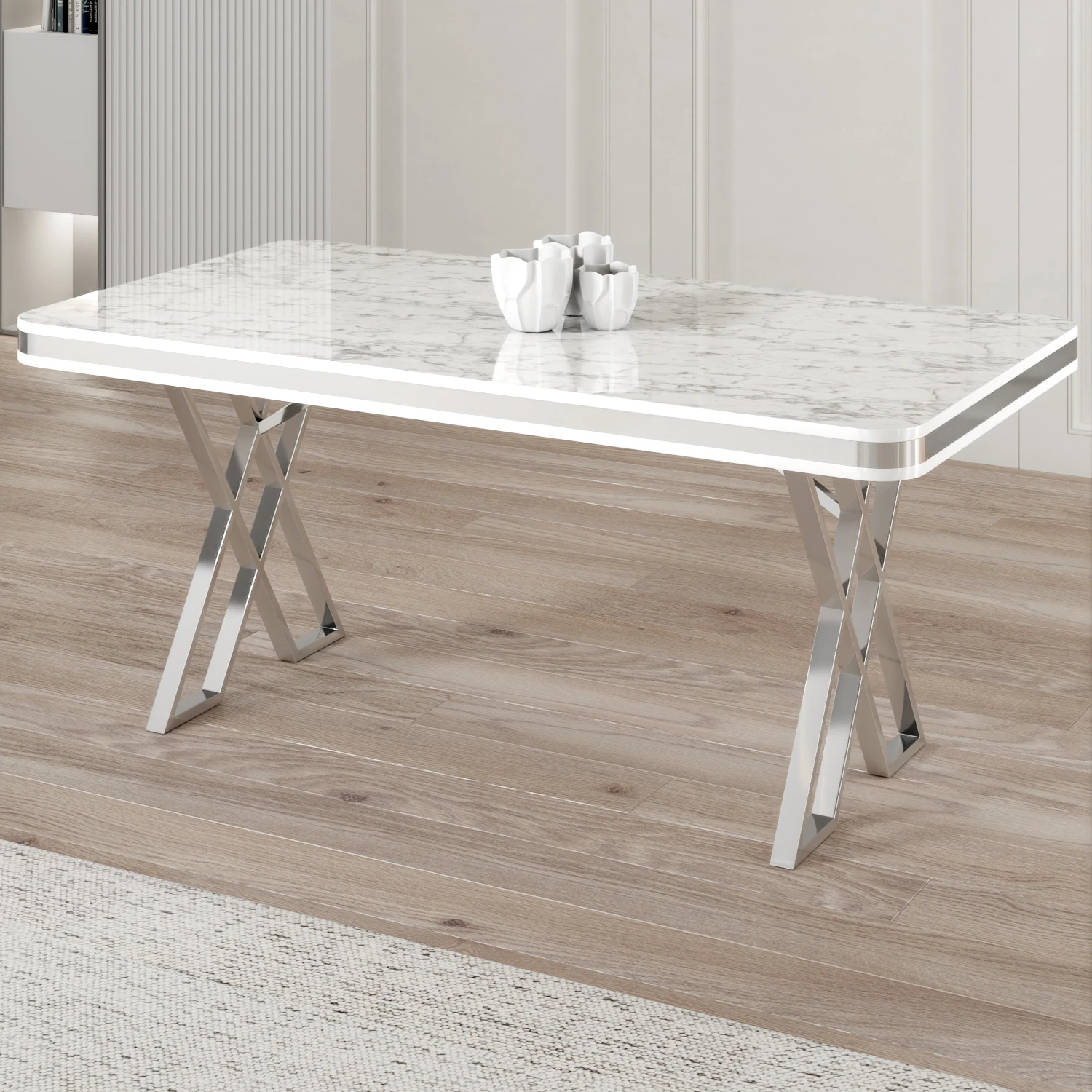 Rigel Serisi 80x130 Lak Panel Beyaz Mermer Desen Masa ve 4 Sandalye Krom Kaplama Ayak