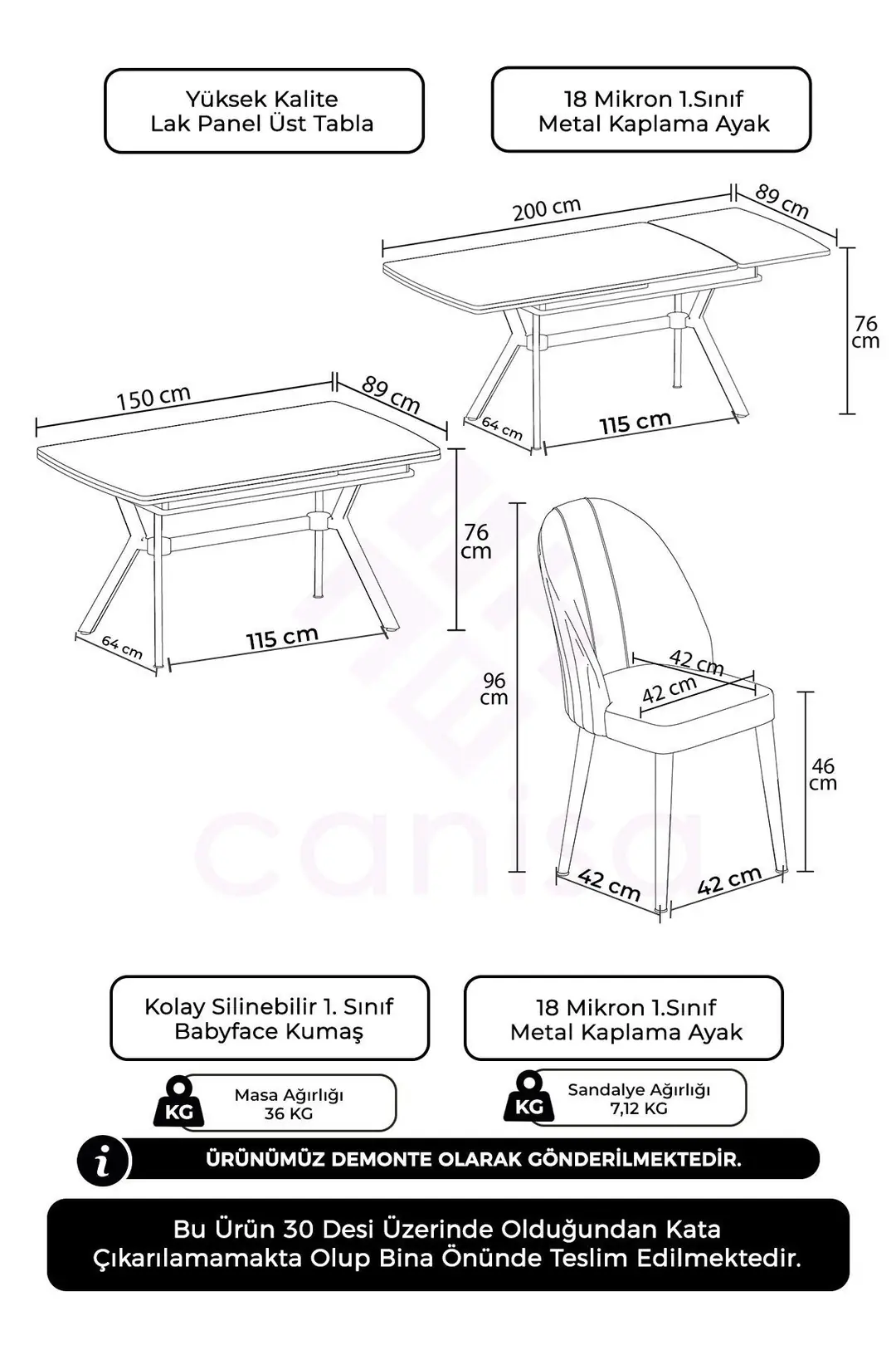 Sim Serisi 89x150 Açılabilir Lak Panel Antrasit İroni Masa ve 6
