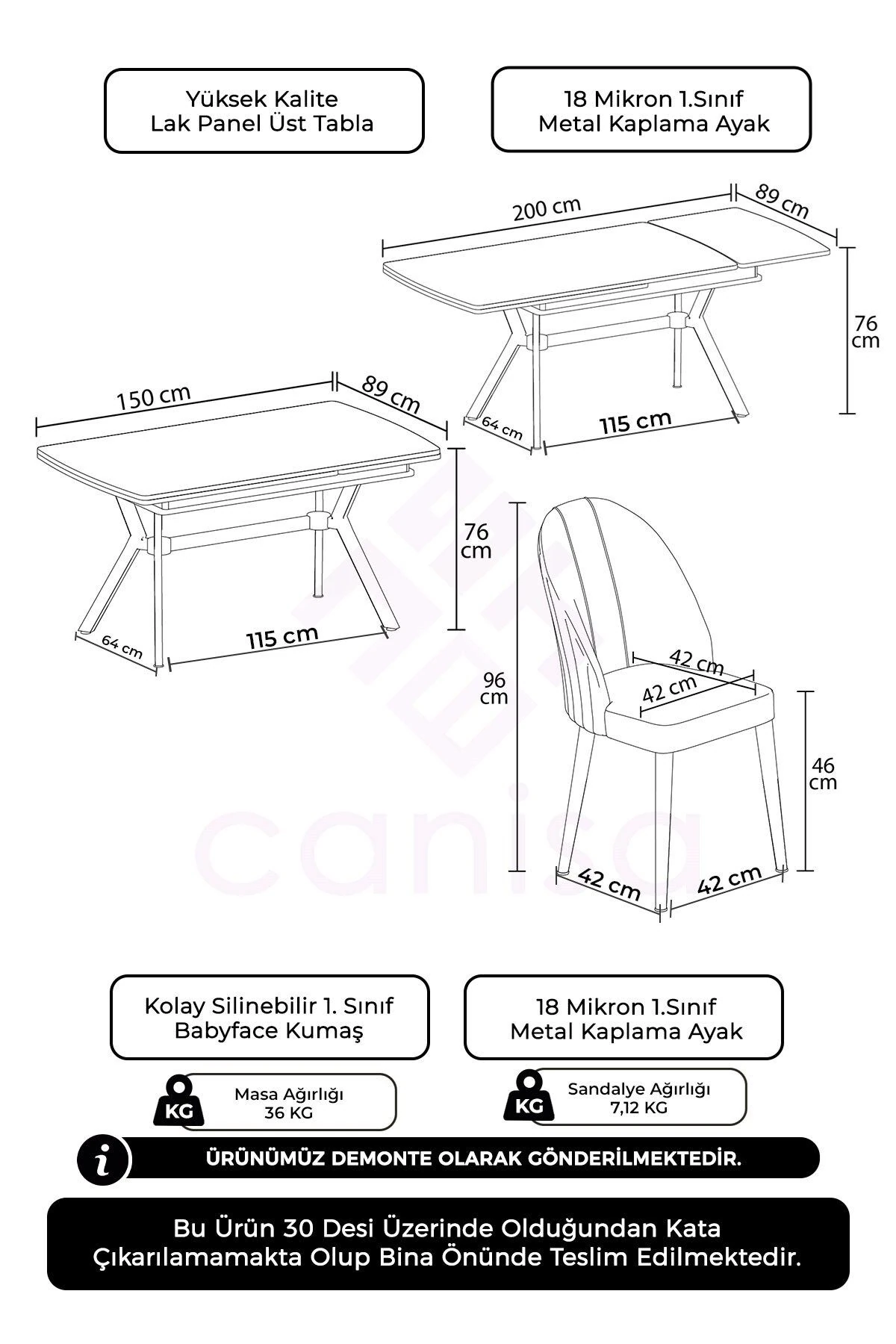 Lemeaページ Sim Serisi 89x150 Açılabilir Lak Panel Antrasit İroni Masa ve 6