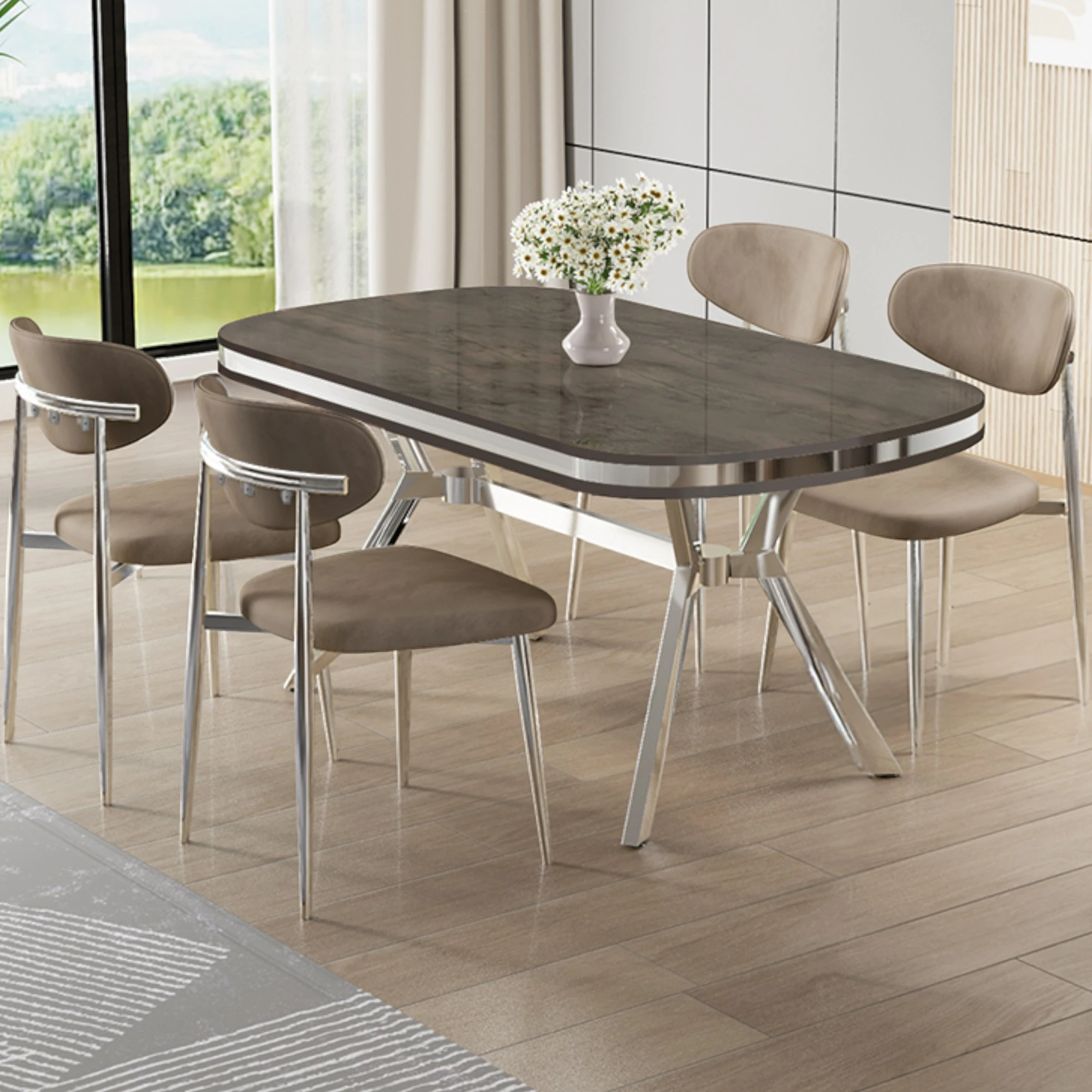 Antrasit ironi Masa Cappucino Sandalye Krom Ayak