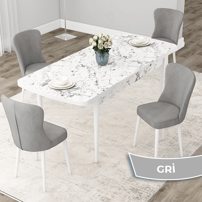 Due Serisi 80x132 Açılabilir Beyaz Mermer Desen Masa Takımı Ve 4 Sandalye