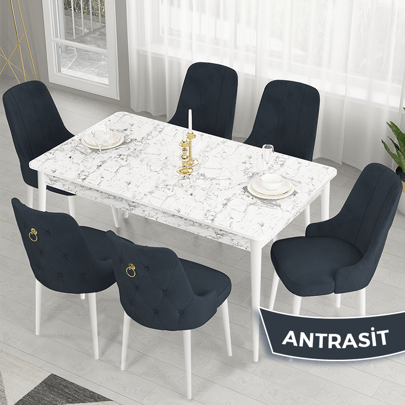 Masa Beyaz Mermer Desen Sandalye antrasitt