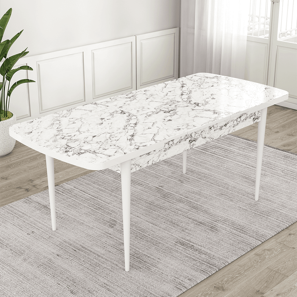 Roe Serisi 80x132 Açılabilir Beyaz Mermer Desen Masa Takımı Ve 4 Sandalye