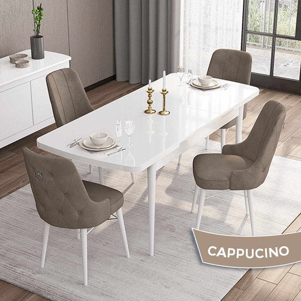 Are Serisi 80x132 Mdf Açılabilir Gümüş Halka Beyaz Masa Takımı Ve 4 Sandalye