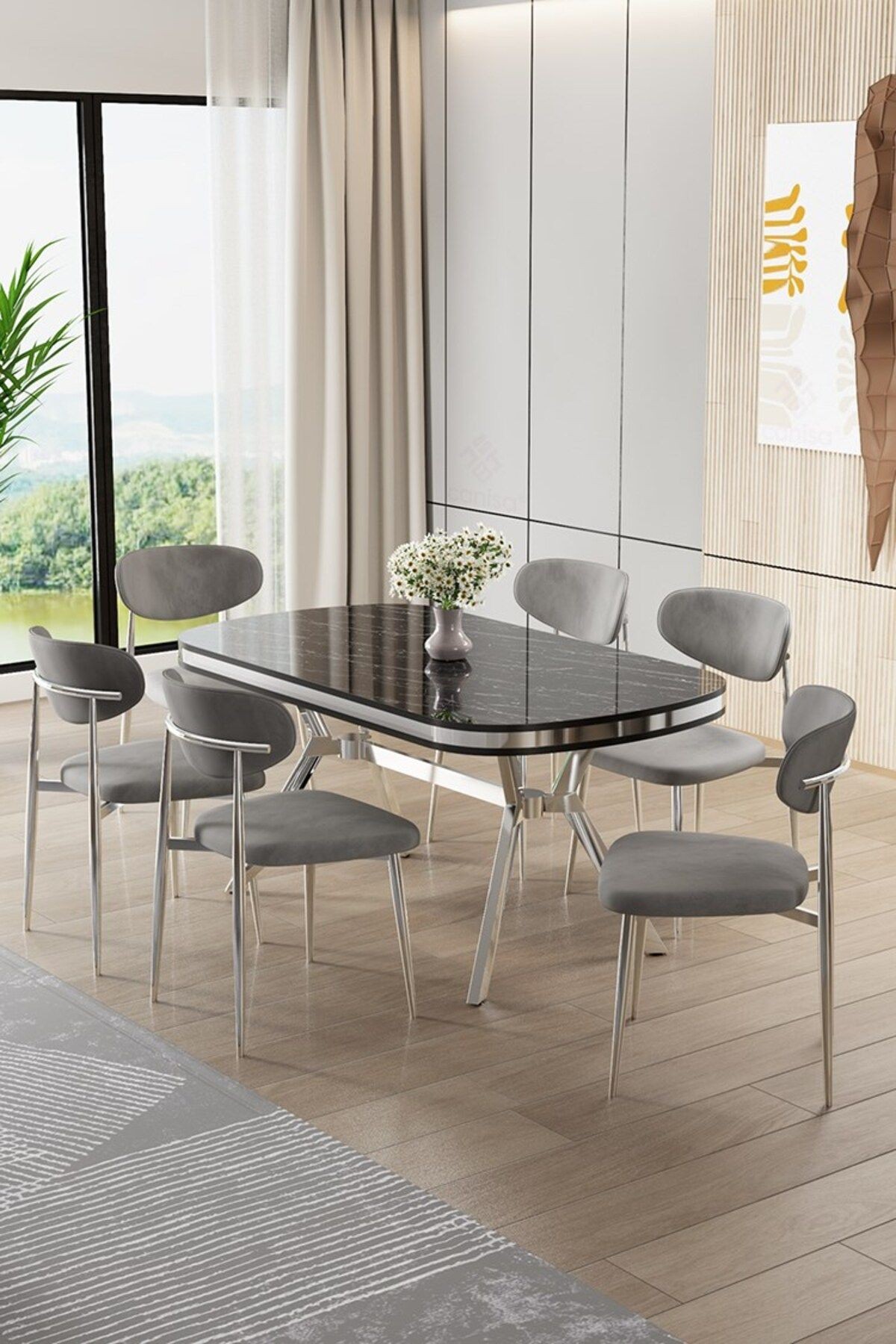 Olya Serisi 90x168 Lak Panel Sonata Masa ve 6 Sandalye Krom Kaplama Ayak