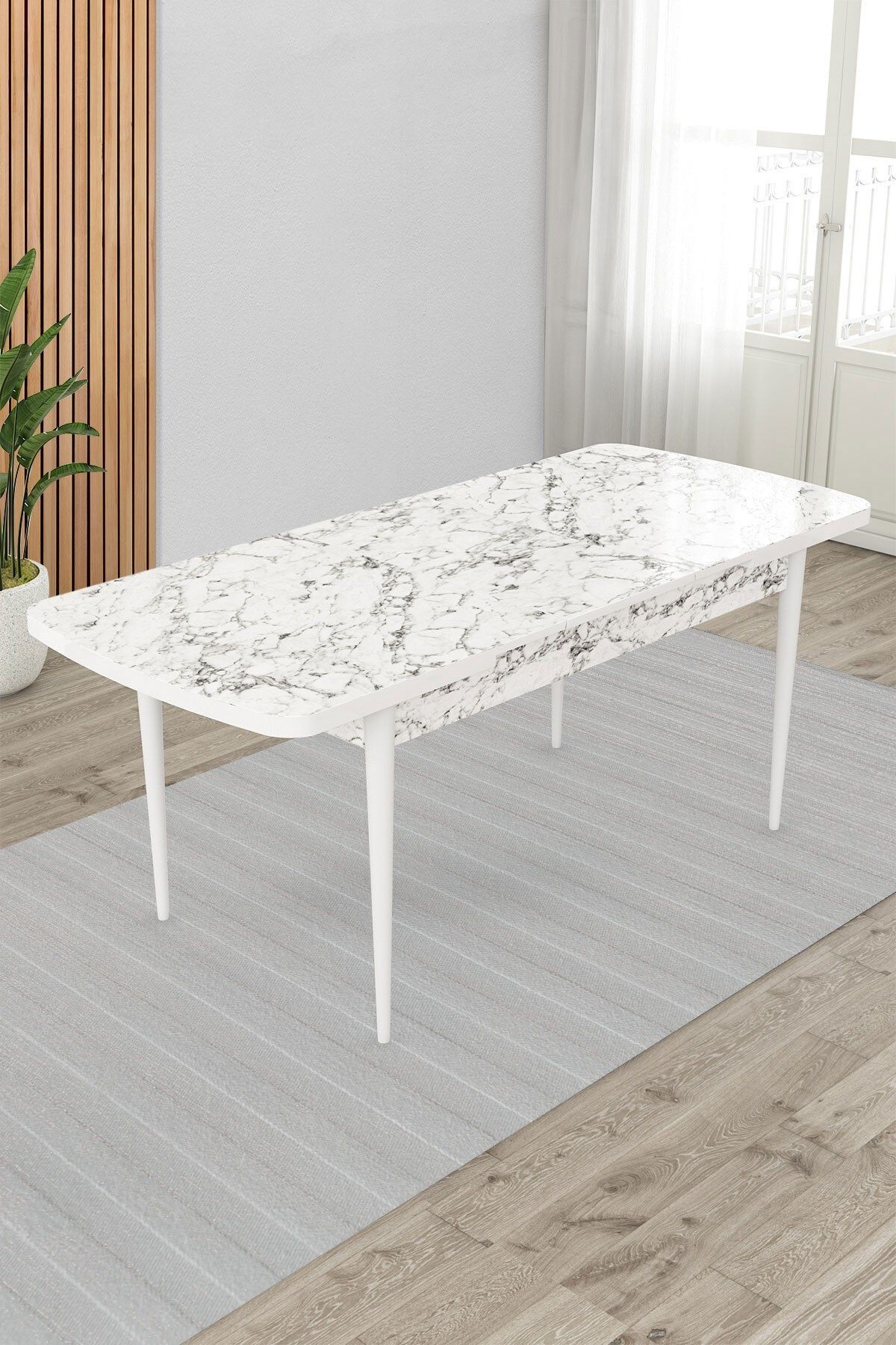 Beyaz Mermer Desen 80x132 Açılabilir Yemek Masası Ahşap Ayak