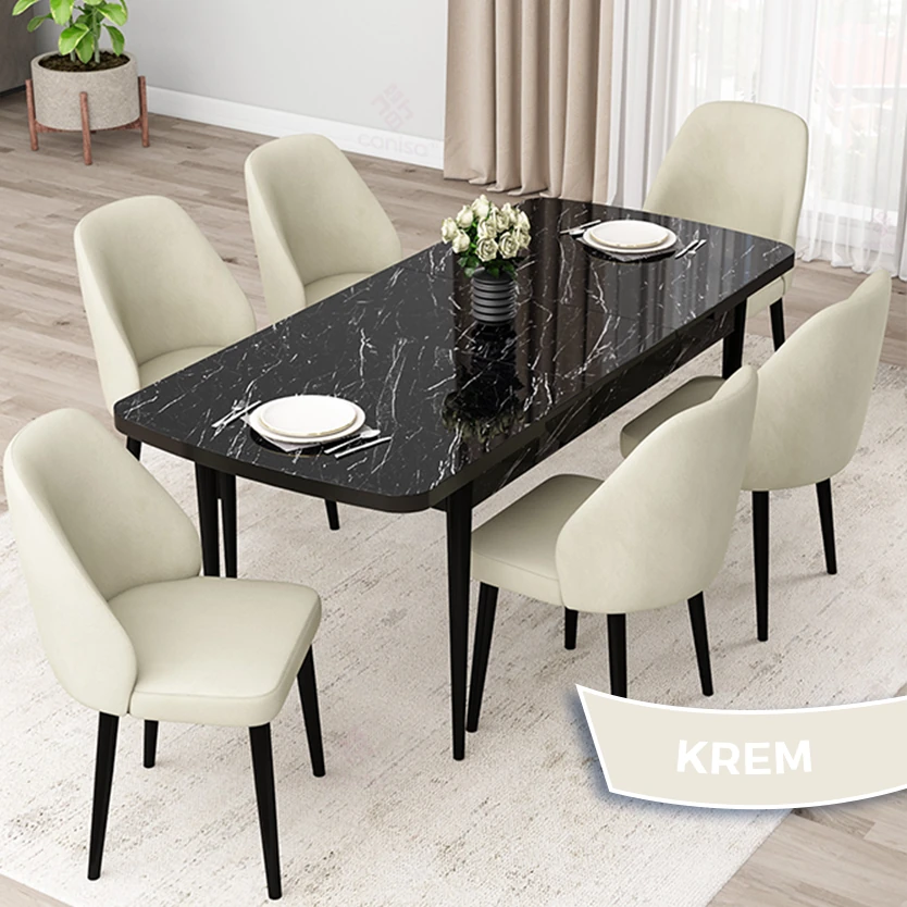 Orf Serisi 80x132 Açılabilir Siyah Mermer Desen Masa Takımı Ve 6 Sandalye