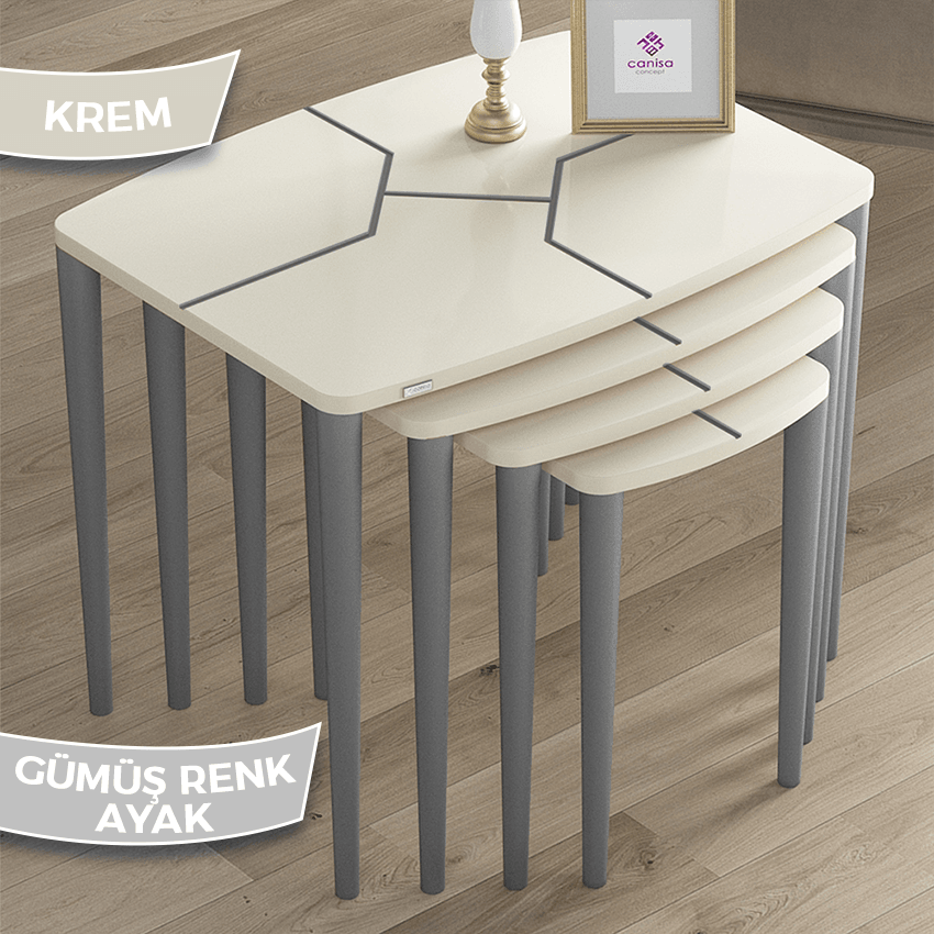 Argent Serisi Krem Renk MDF 4'lü Zigon Sehpa Takımı