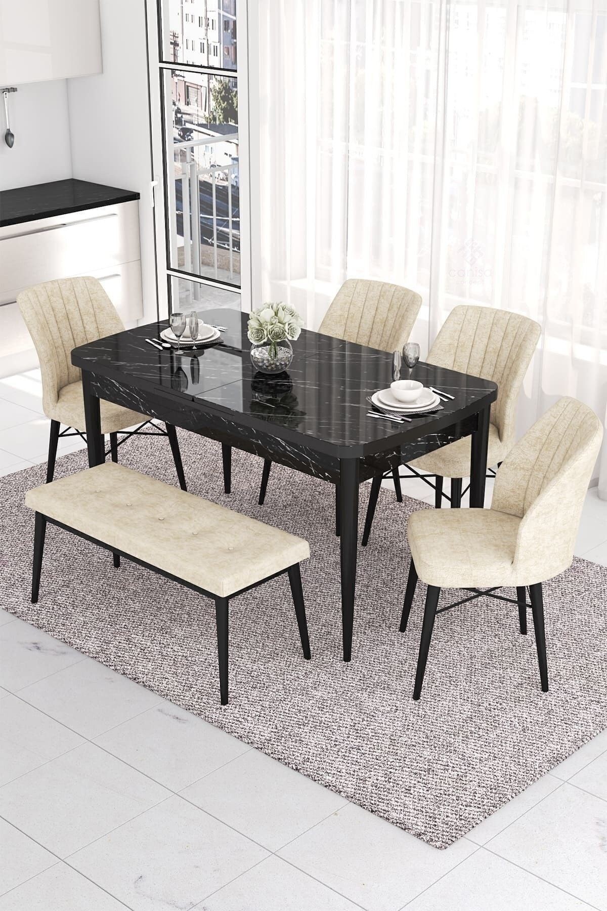Eva Serisi 80x132 Açılabilir Mdf Siyah Mermer Desen Masa Takımı 4 Sandalye Ve 1 Bench