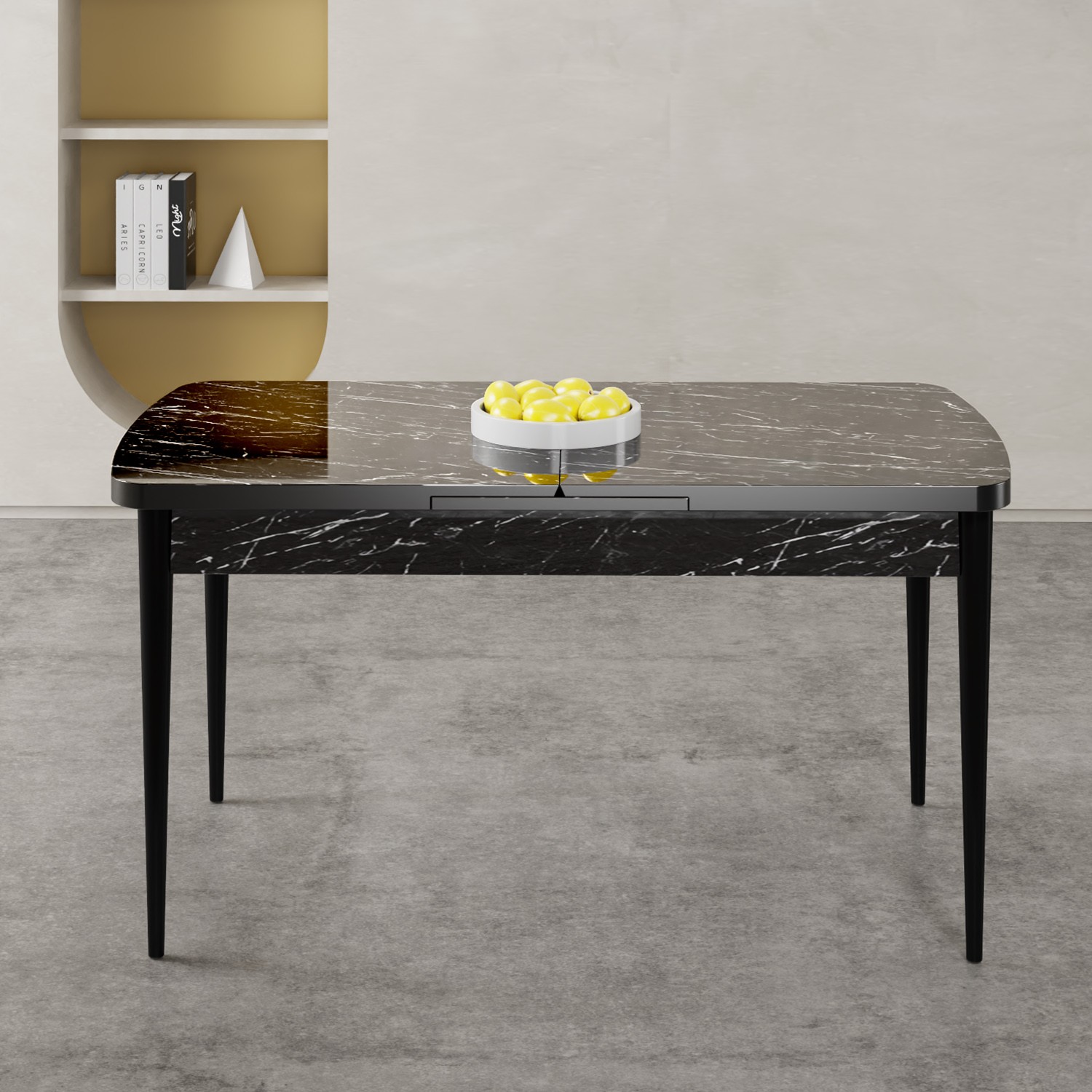 Gale Serisi 80x132 Açılabilir Lak Panel Siyah Mermer Desen Mutfak Masa Takımı 4 Sandalye