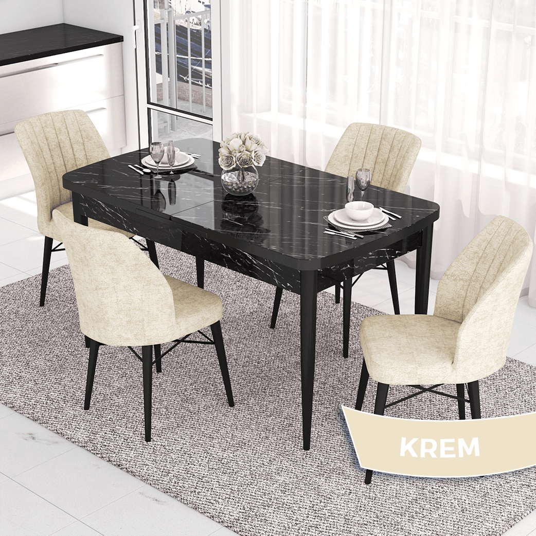 Eva Serisi 80x132 Açılabilir Mdf Siyah Mermer Desen Masa Takımı Ve 4 Sandalye