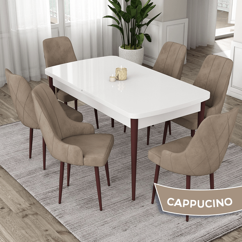 Eta Serisi 80x132 Beyaz Masa Ceviz Ayaklı Masa Takımı ve 4 Sandalye - Beyaz Masa Ceviz Ayak Cappucino Sandalye