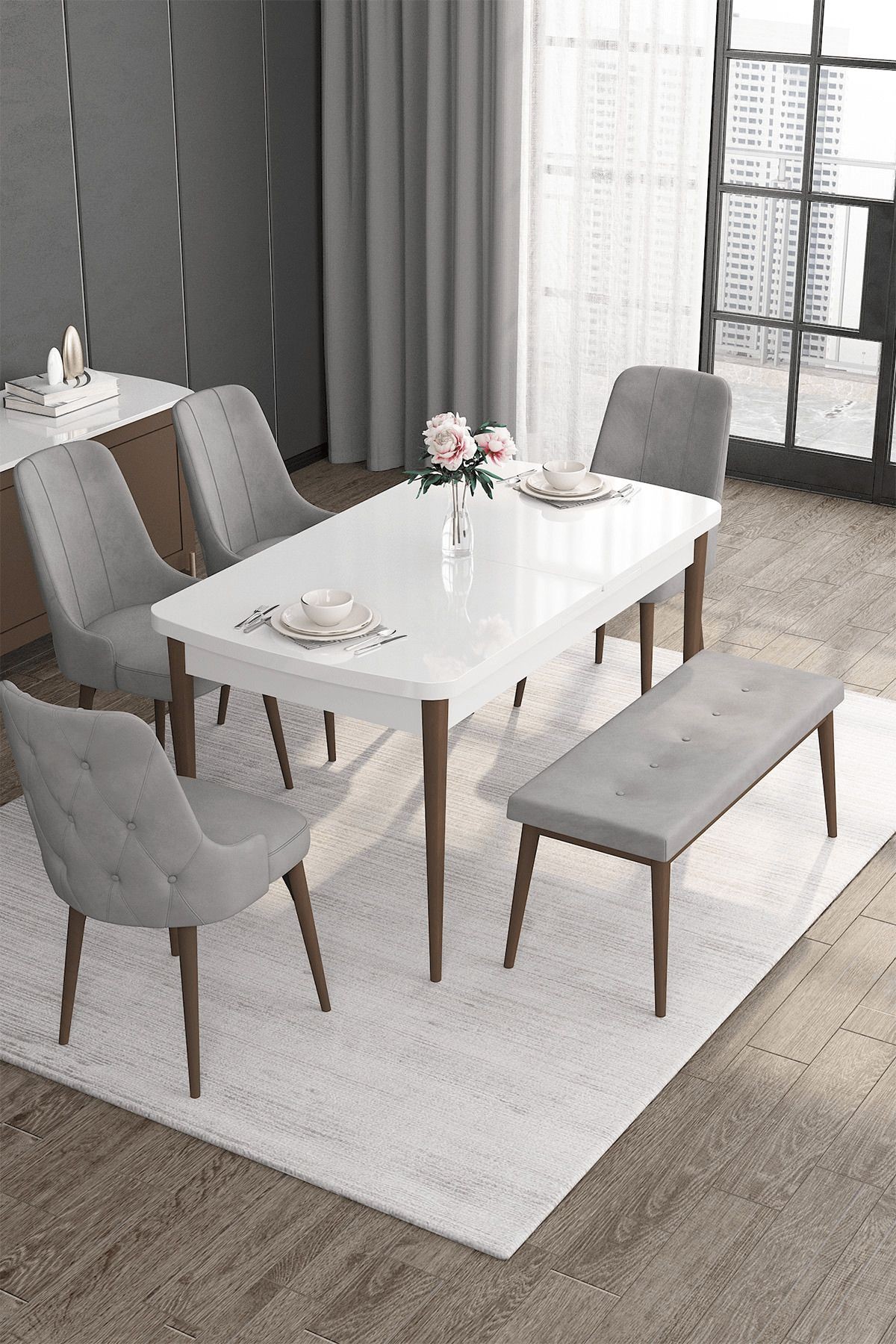 Roy Serisi 80x132 Mdf Açılabilir Beyaz Masa Ceviz Ayak Masa Takımı 4 Sandalye Ve 1 Bench