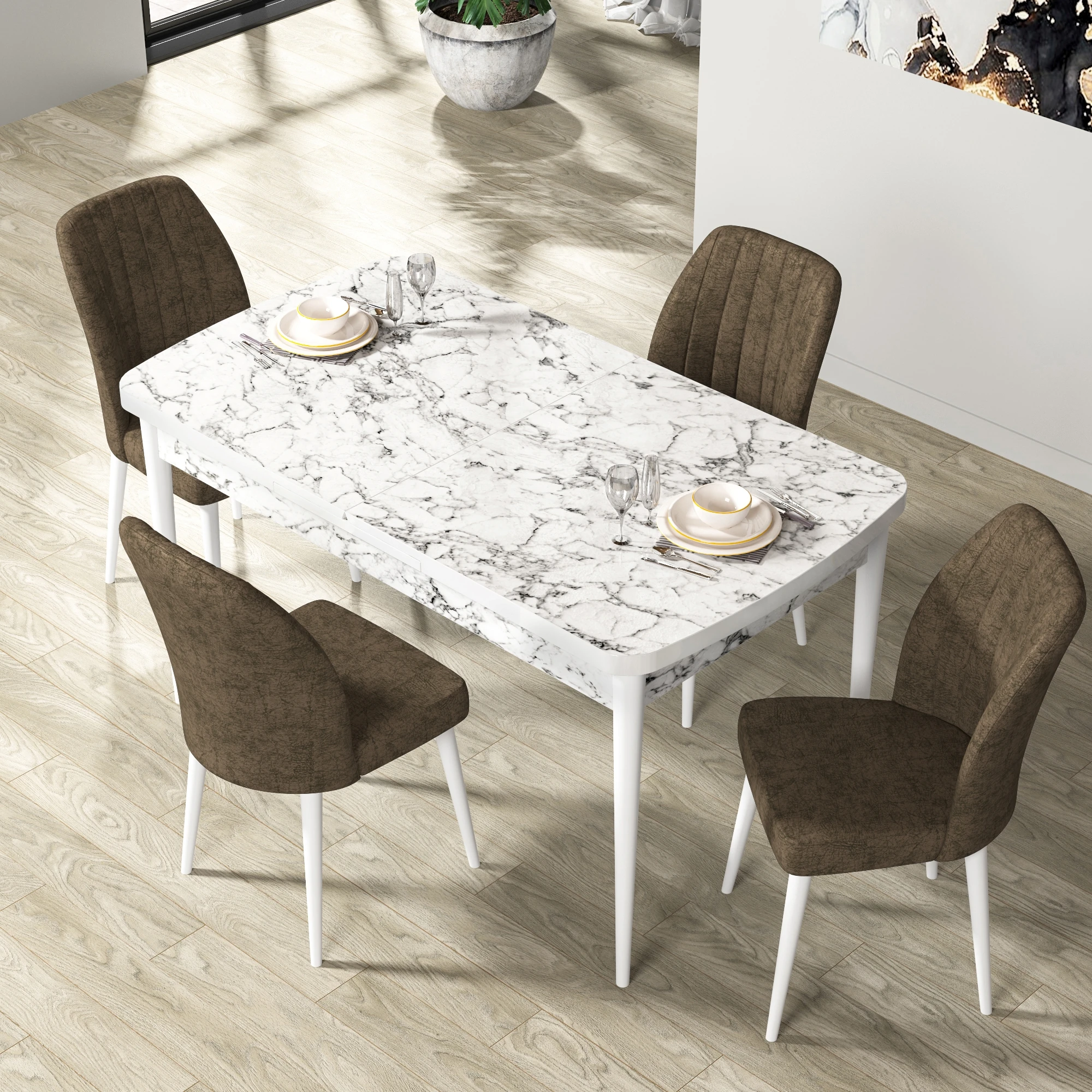 masa beyaz mermer sandalyeler kahve